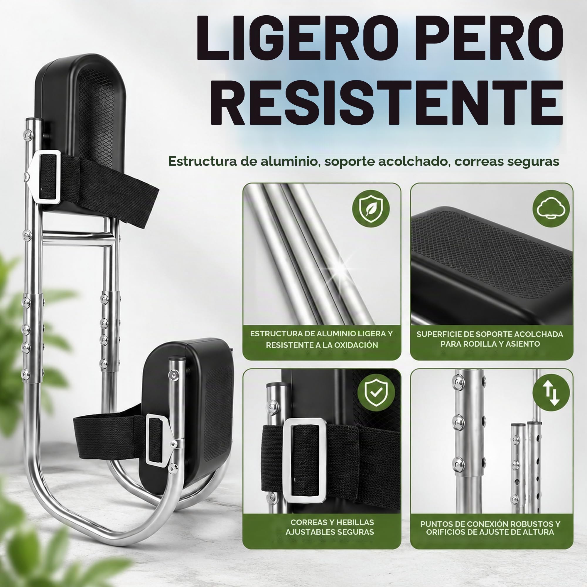 Reposarodillas para jardinería, silla con función de asiento, taburete para rodillas de jardín, ajustable, portátil, cómodo para 160 – 195 cm de altura, protección de rodilla