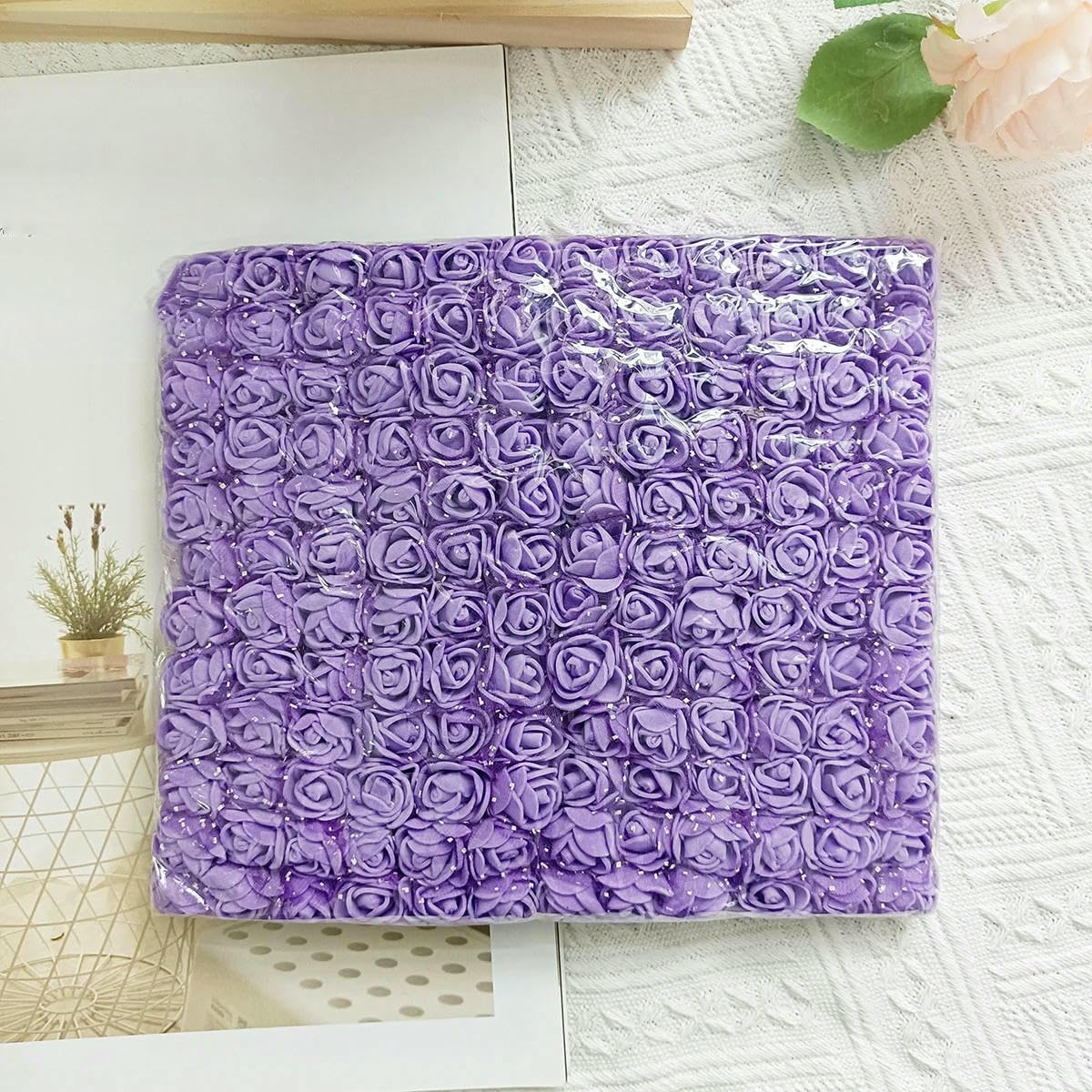 AYHTUD 144 Pieces 2cm Foam Mini Teddy Bear of Roses Decorative Home Decor Accessory Wedding Christmas Garland Artificial Flowers-Purple