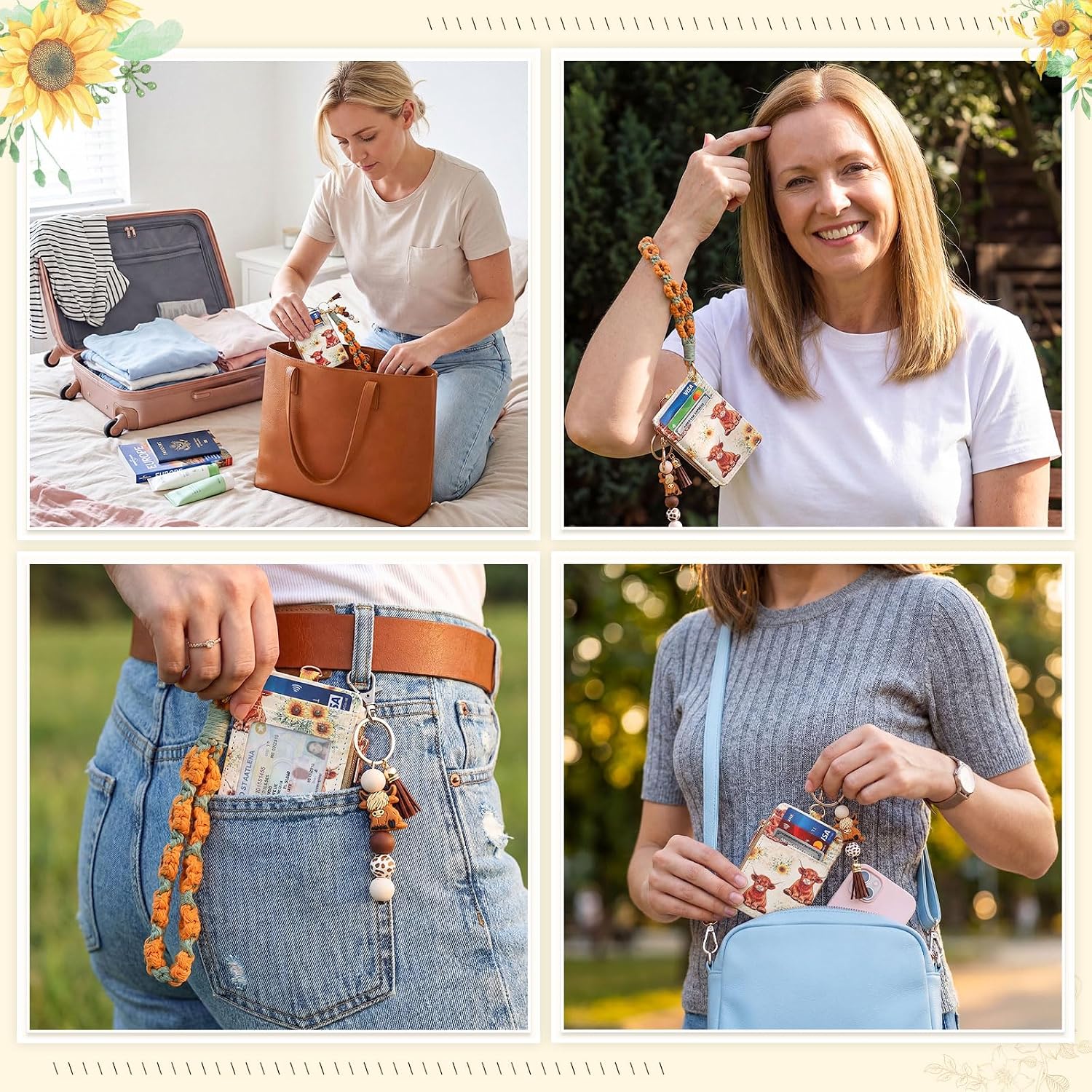 Capoda Highland Cow Sunflower Credit Card Holder Small Cow Wallet Accessories with 2 Keychain Wristlets Highland Zipper Coin Pocket ID Window Wristlet Wallets for Women Lady Travel Summer Party Gifts