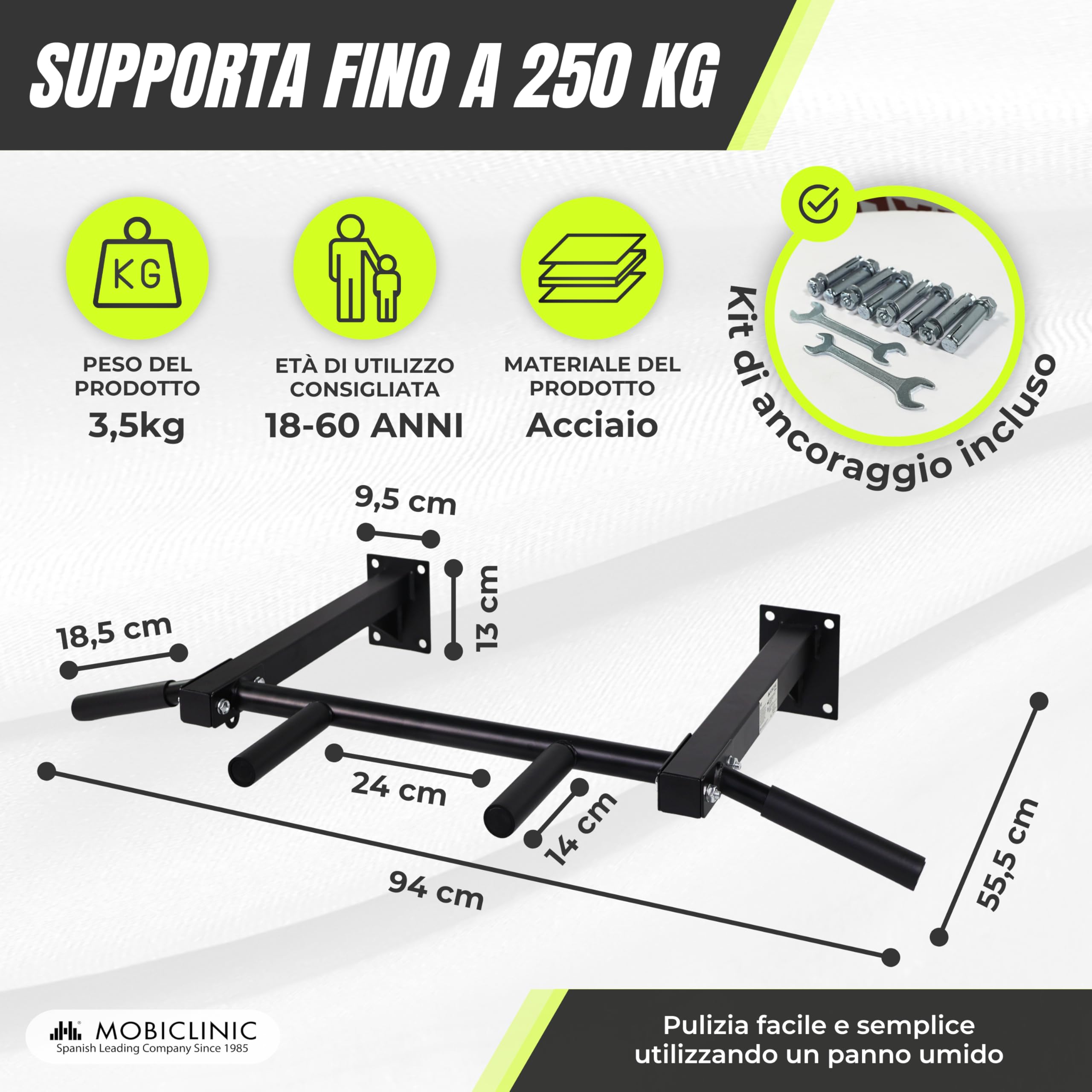Mobiclinic® fitness, Barra per trazioni, K3, Parete, Kit di ancoraggio, Acciaio, Max. 250 kg, Esercizi forza, Impugnature in schiuma