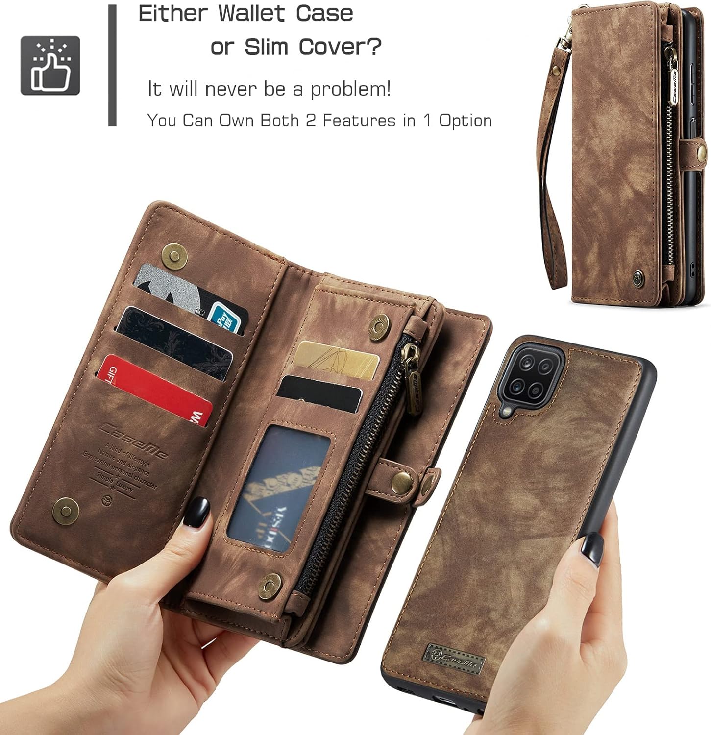 Case for Samsung Galaxy A12, Genuine Leather Wallet Detachable Magnetic Cell Phone Cover Zipper Purse RFID Blocking Card Slot Holster for Samsung Galaxy A12 2021 (Brown)