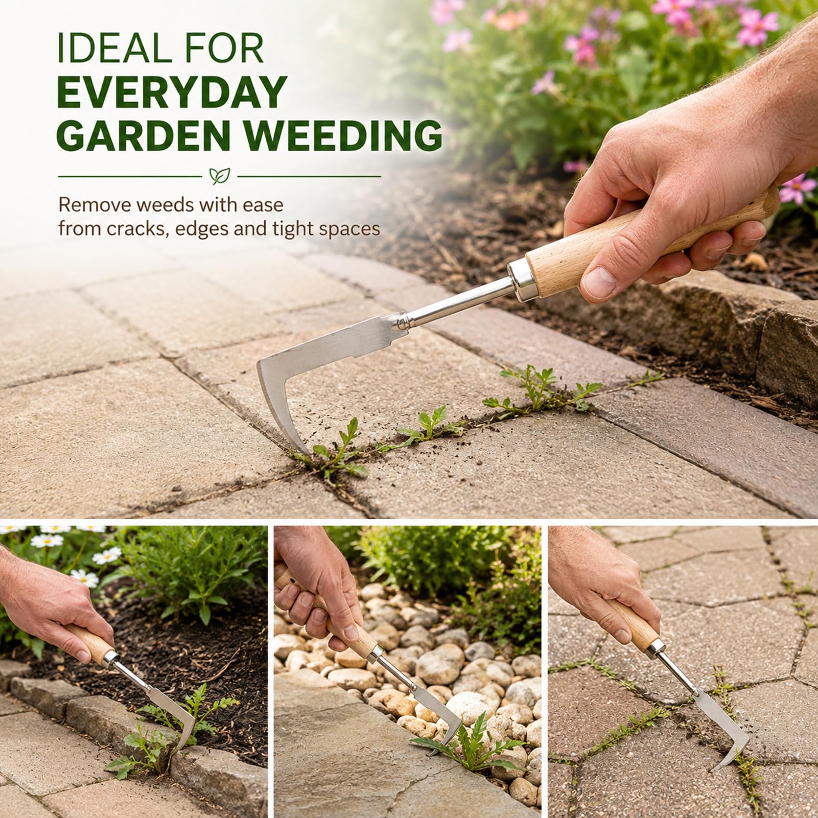 Couteau Désherbeur 31,5 cm avec Manche en Bois, Outil à Main pour Enlever Mousse et Mauvaises Herbes des Fissures, Lame en Acier Inoxydable Dentelée, Jardinage