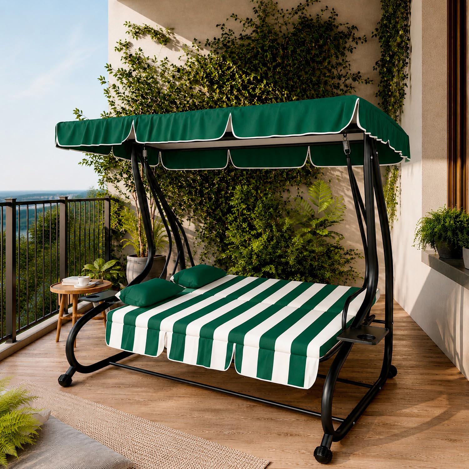 Dondolo Altalena 3 Posti Reclinabile Con Copertura Parasole Orientabile Trasformabile In Letto Telaio Resistente Per Giardino Terrazza Balcone Relax 200 x 120 x 160 Cm Verde E Bianco