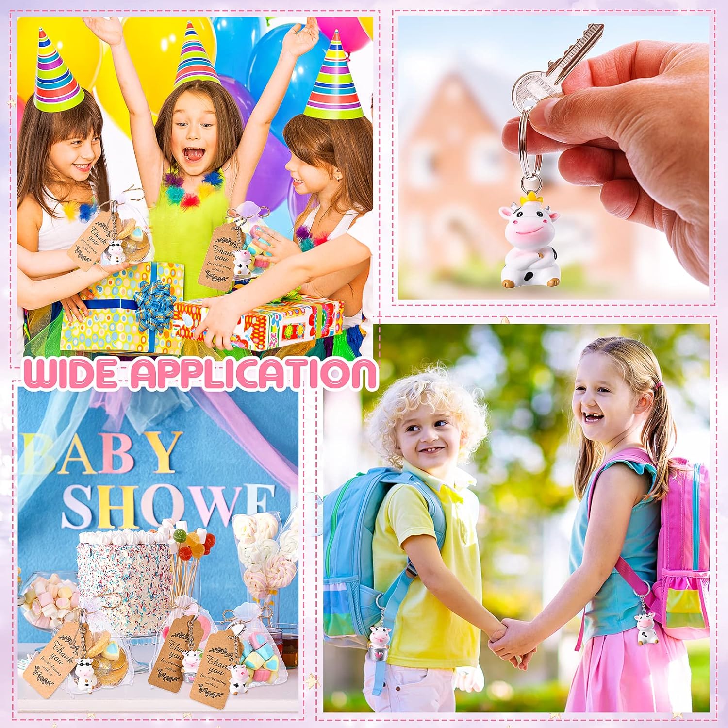48 Sets Cow Keychains Party Favors for Kids with Organza Bags Thank You Tags Cute Baby Shower Keychain Return Favors Exchange Gifts for Gender Reveal, Classroom Rewards, Cow Themed Party Supplies