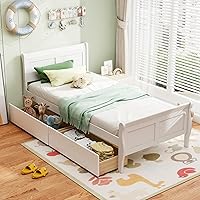 Giantex Twin Bed Frame with 2 Storage Drawers, White Wood Platform Bed with Headboard, Footboard & Slats, No Box Spring Needed for Kids Teens Adults