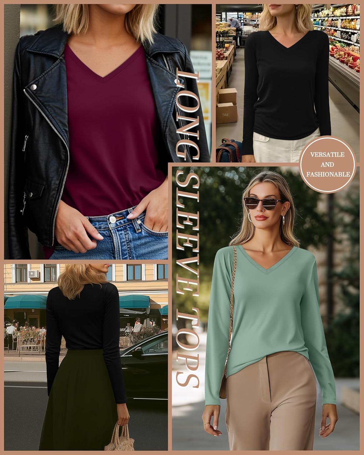 Riyiper 3 Pcs Women's V Neck T Shirts Long Sleeve Tops Casual Loose Fit Straight Hem T Shirt Basic Tees - Image 2