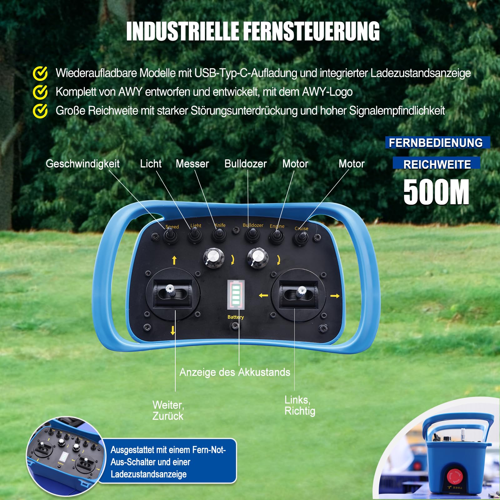 Tondeuse à Gazon Télécommandée avec Lame à Neige, Tondeuse sur Chenilles Hybride Essence-Électrique 4x4, Débroussailleuse Intégrée pour Terrain Accidenté