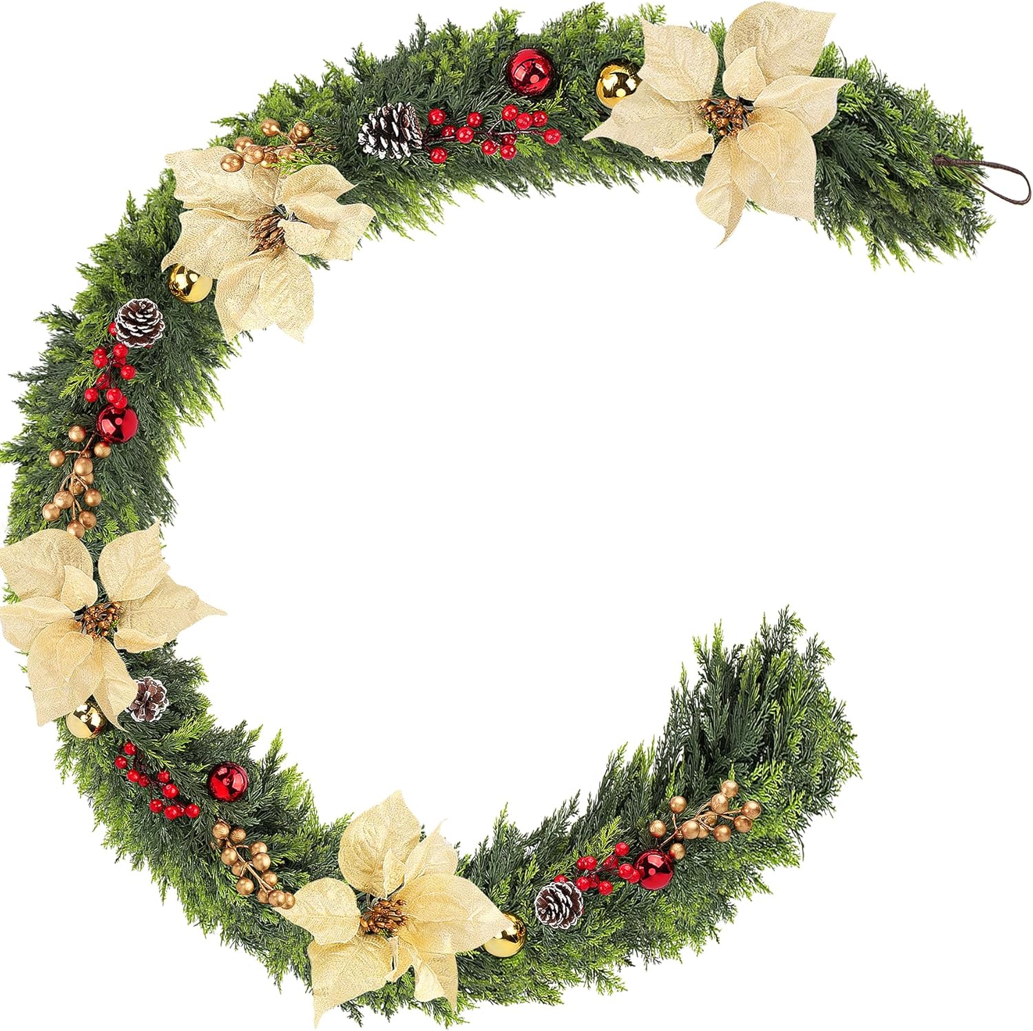 Real Touch Cedar Garland for All Year Decor, Thicken Cypress Green Artificial Greenery Garlands, 6FT Realistic Pine Garland with Flowers Berries Pinecones Balls, Cedar Garlands for Indoor Outdoor