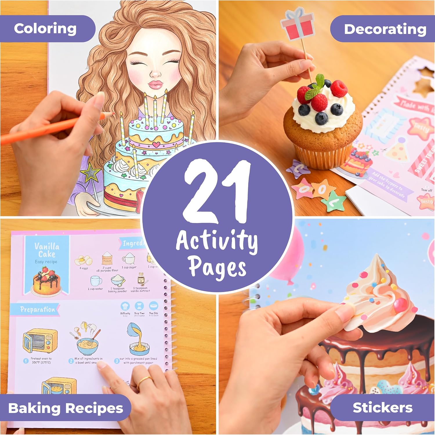 BSCOOL Baking Coloring Book with Stickers Recipes and Cake Design
