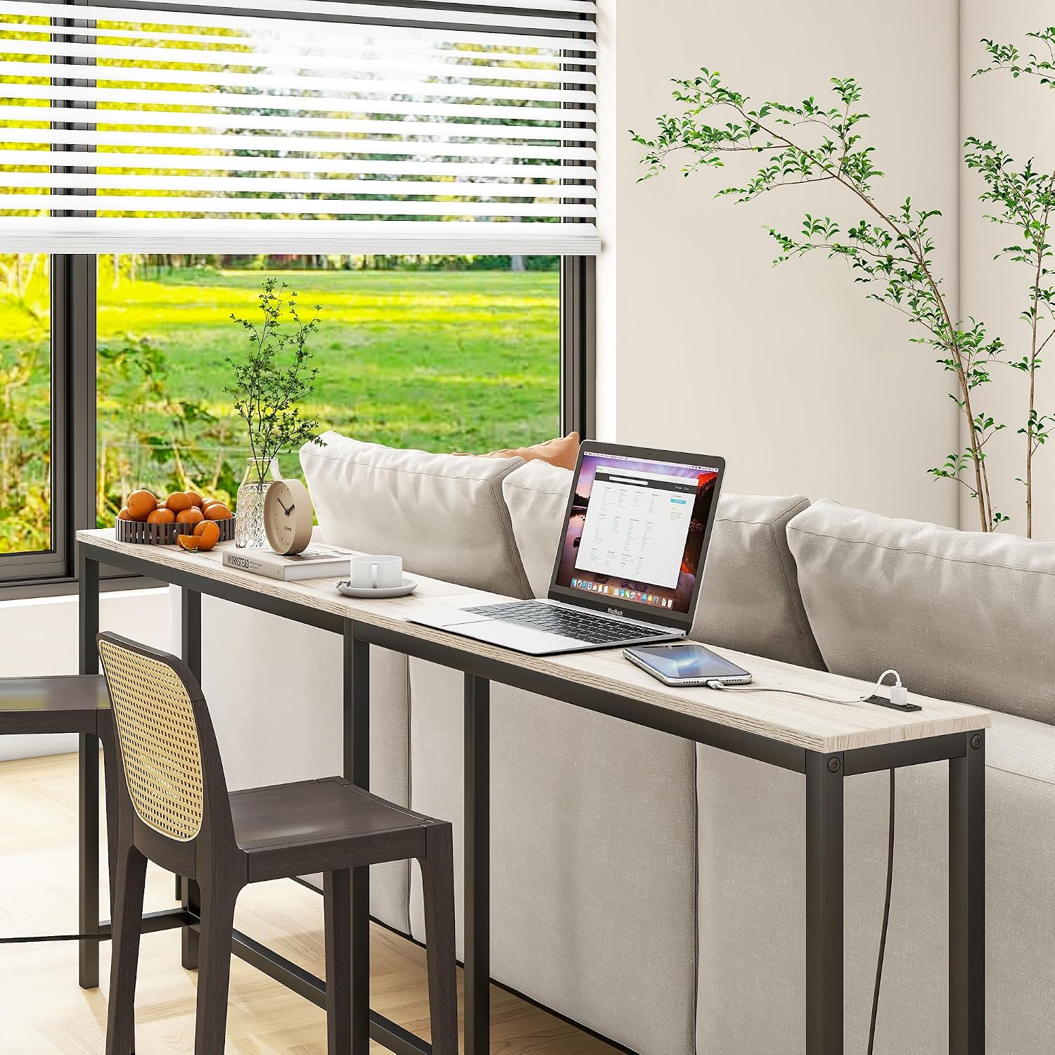 BOFENG 71.5 Inch Thin Console Table with Power Outlets,Narrow Sofa Table with Charging Station,Long Side Table Behind Sofa Couch Table for Entryway,Hallway,Living Room,Foyer,Natural Oak image 4