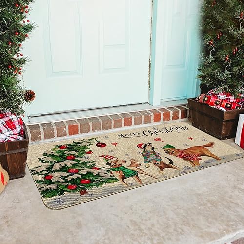 Miniatura 2 de Baccessor Felpudo de Navidad con diseño de árboles de Navidad, a cuadros, decorativo para interiores y exteriores, tapete de puerta de bienvenida de