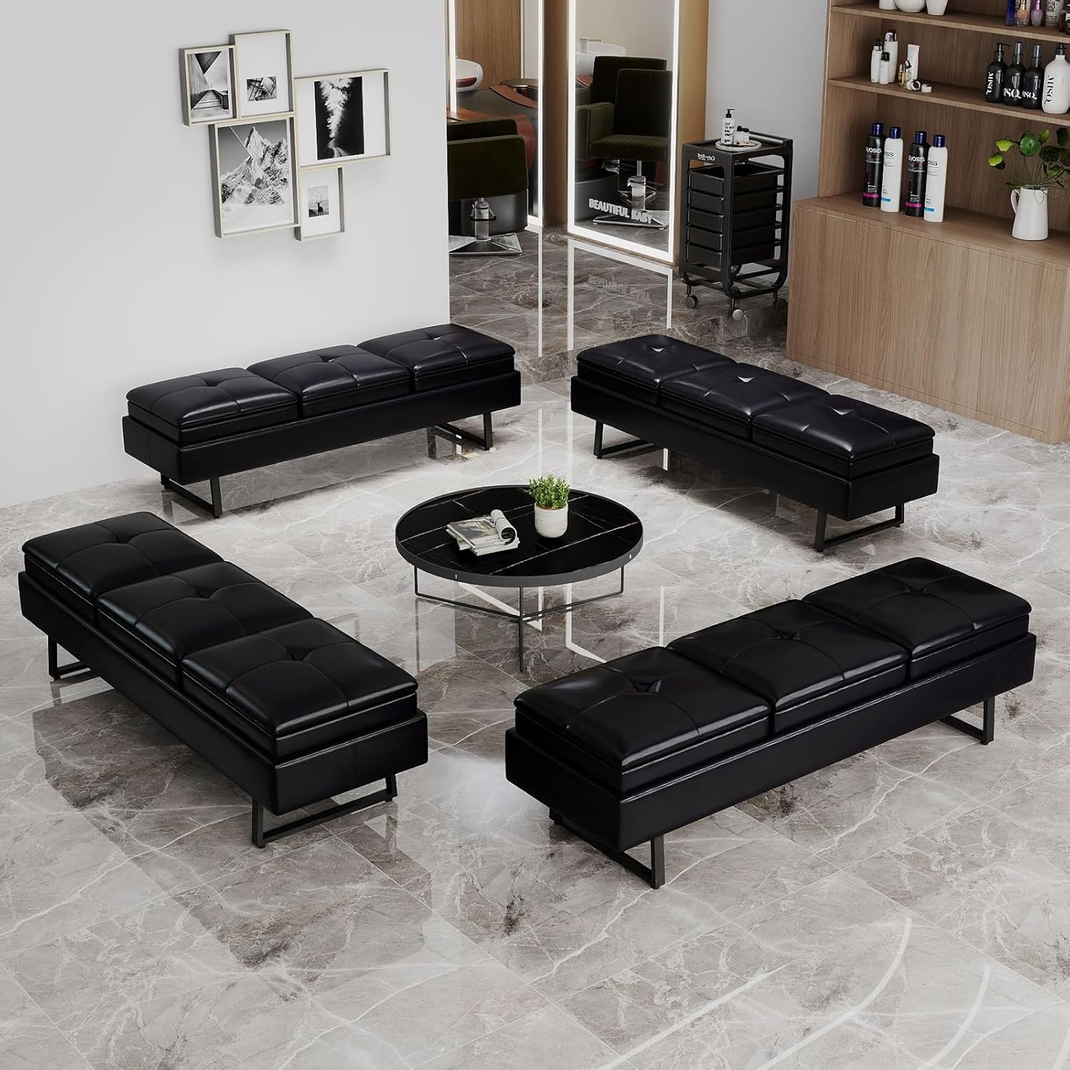 Kinsuite Waiting Room Chairs - 12-Seat Reception Chairs Modern Entryway Bench with Thickened Cushion PU Leather Living Room Bench Lobby Furniture for Office Salon Lobby, Black