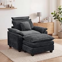 46'' Oversized Chaise Lounge with Ottoman, Cloud Oversized Accent Sofa Chair with Detachable Headrest, Double Thicked Cushion Lounge Armchair for Living Room, Bedroom, Dark Grey