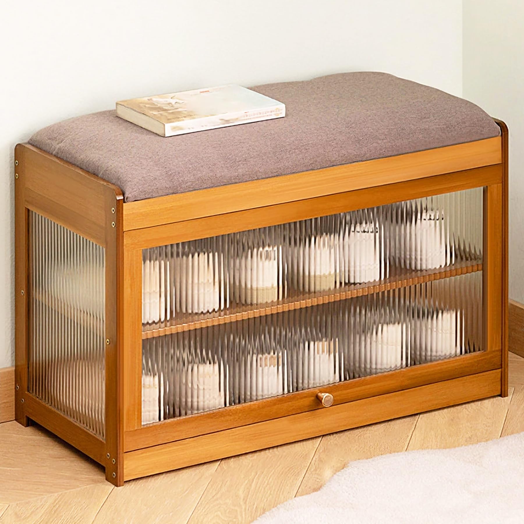 Banc à chaussures en bambou avec rangement et coussin amovible pour couloir