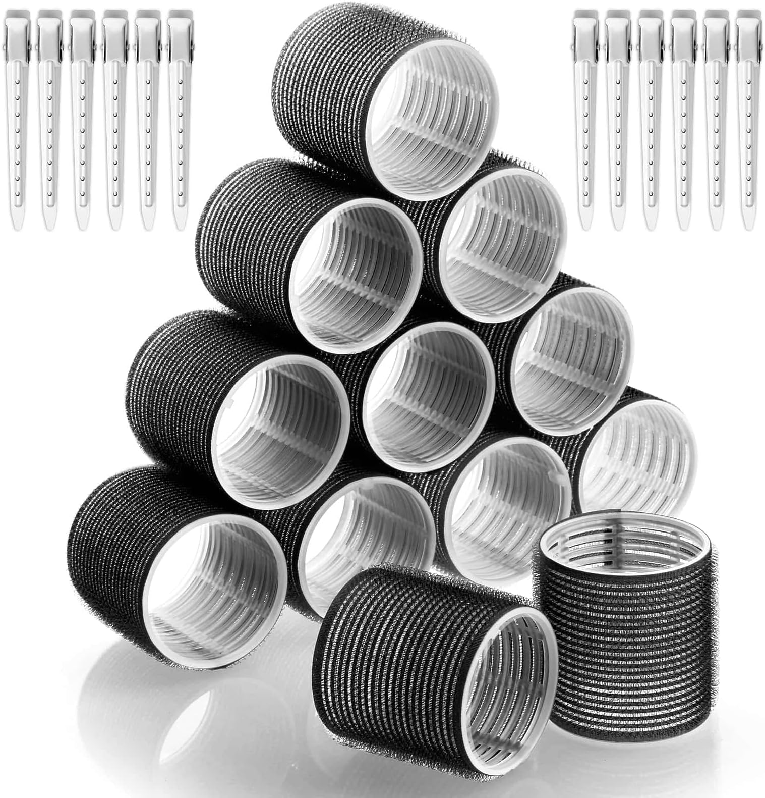 Acejoz Jumbo Hair Curlers Rollers, 24Pcs Big Rollers for Set Self Grip Holding with Stainless Steel Duckbill Clips Long Medium Short Thick Fine Thin Bangs Volume, Black