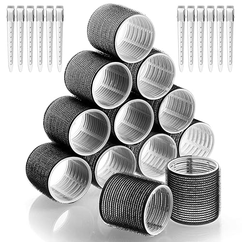 Rulos para el cabello Jumbo, 12 piezas de rulos para el cabello con autoagarre y 12 clips de pico de pato de acero inoxidable para volumen de