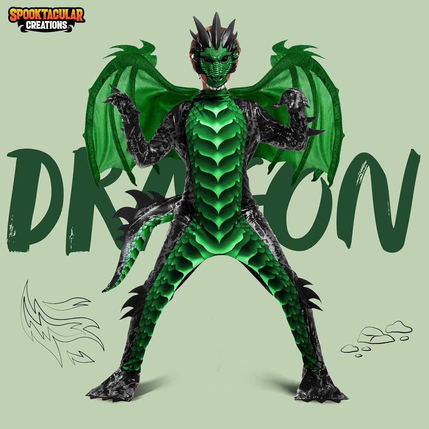 Spooktacular Creations Halloween Kid Dragon Costume, Boys Dragon Wings, Tail and Mask Set for Halloween Dress Up - Image 2