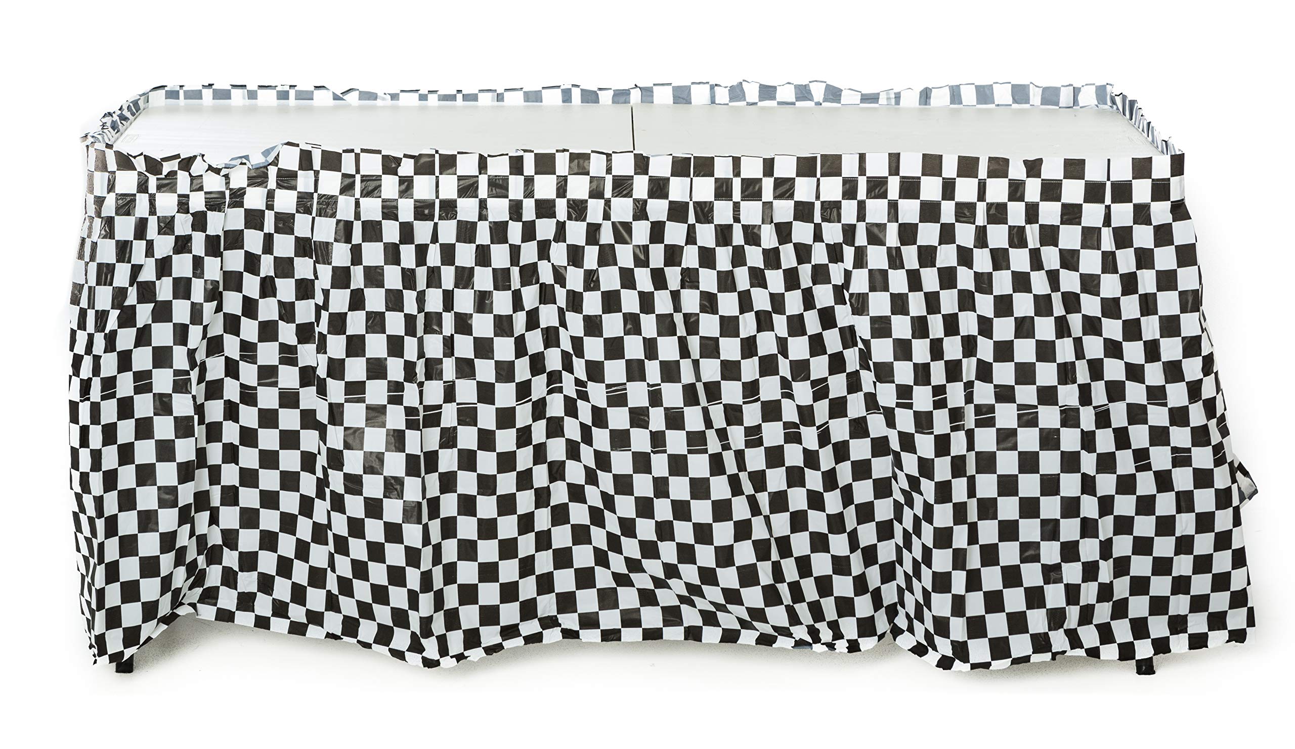 Oojami 4-Pack Black & White Checkered Table Skirt – Racing Theme Plastic Table Skirts for Party Decorations Disposable Table Cover for Race Car, Derby, and Pit Stop Party Supplies