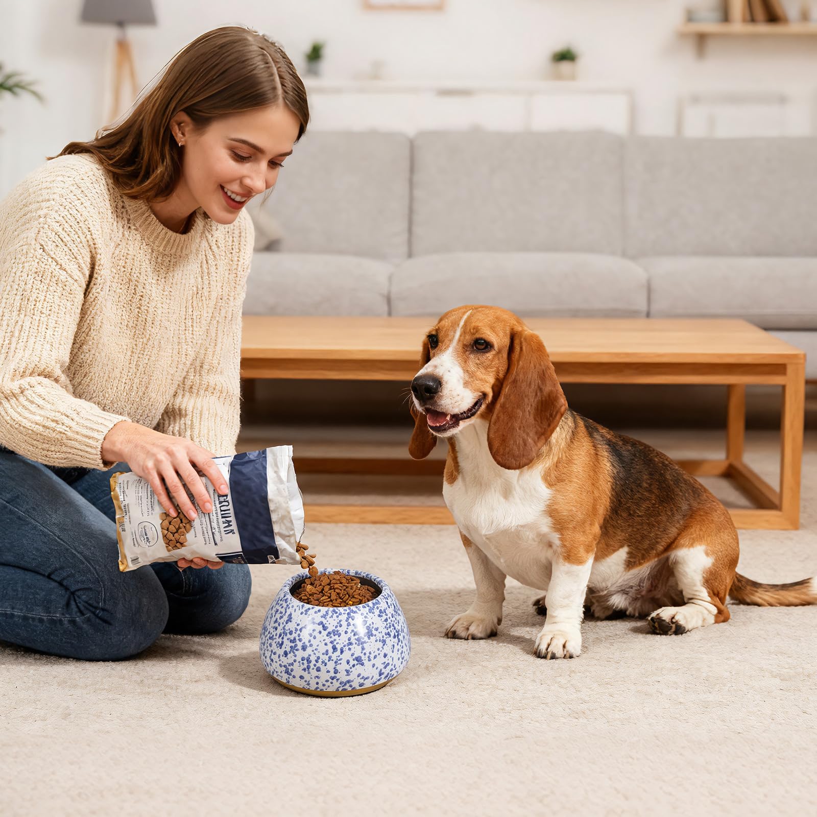 Ceramiczne miski dla psów, długie uszy duże psy miski na wodę i karmę - bez rozlania miska dla zwierząt biała z niebieskimi plamkami, cocker spaniel beagle bassett hound