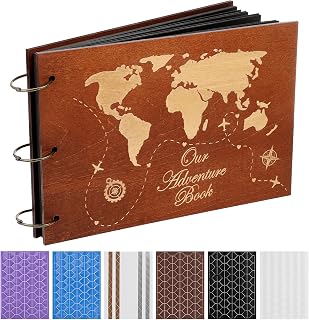 Partykindom Wooden Scrapbook Photo Album, 12x8 Inch Diy Memory Book with 40 Black Pages and 6 Corner Stickers, Ideal for Anniversaries, Weddings, Birthdays, and Special Moments
