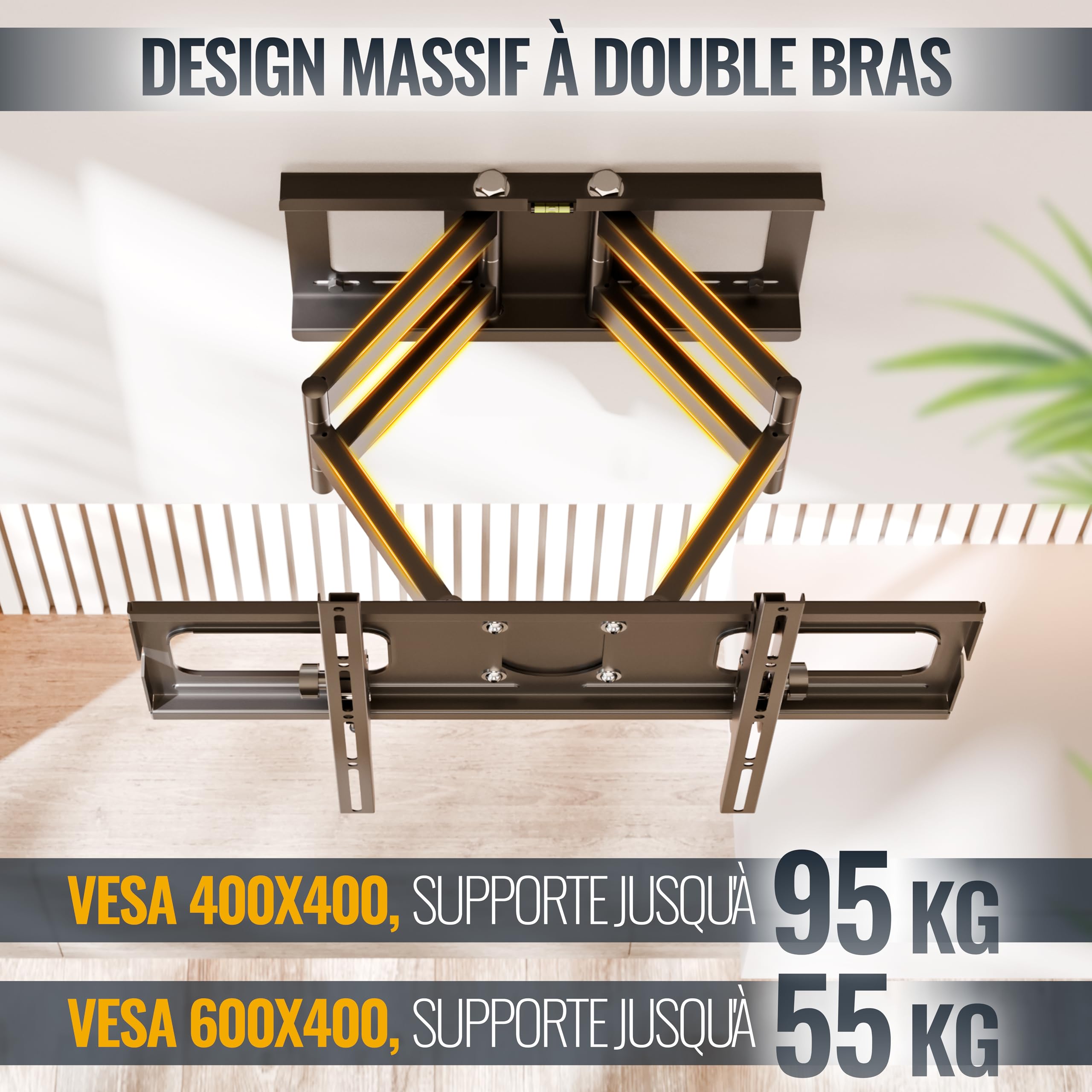 RICOO R06 Support Mural TV 40 42 43 48 50 55 60 65 70 75 83 85 Pouces Orientable et Inclinable Fixation VESA 200x200 400x400 à VESA 600x400 Mural télévision Bras articulé pour télé