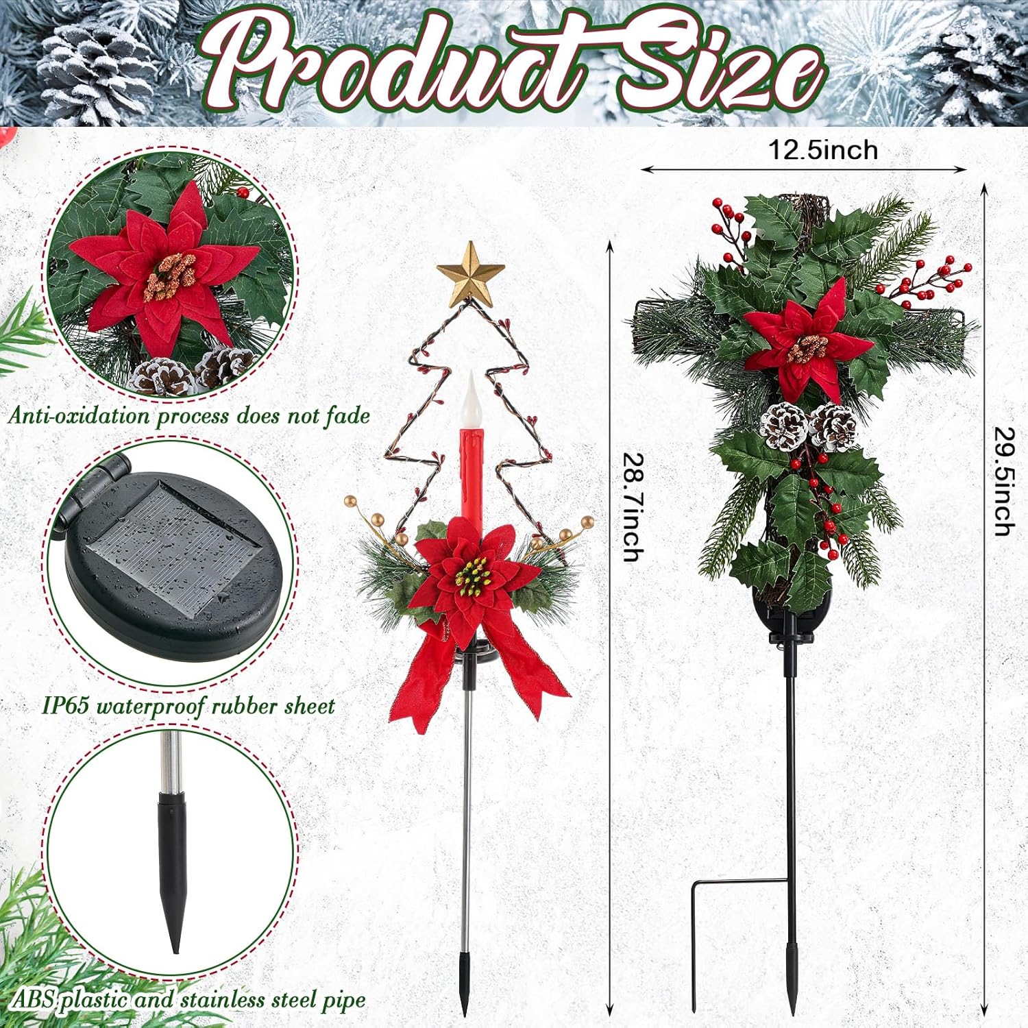 Patelai 4 Pcs Solar Christmas Decorations Outdoor LED Xmas Cross Stake Solar Xmas Waterproof Cemetery Decorations for Grave Garden Patio Grave Decor(Christmas Tree)