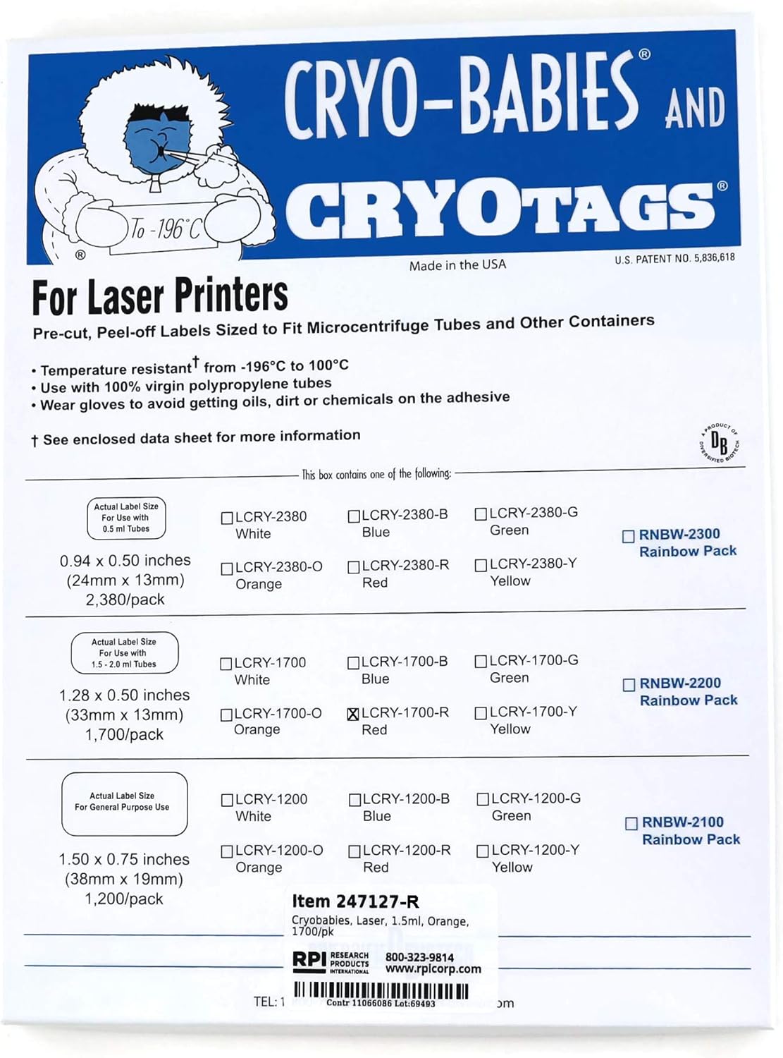 Cryo-Babies Labels, Laser Sheet, 1.5-2.0ml Tubes, 1.28 x 0.5 Inches, Red, 1,700 per Package