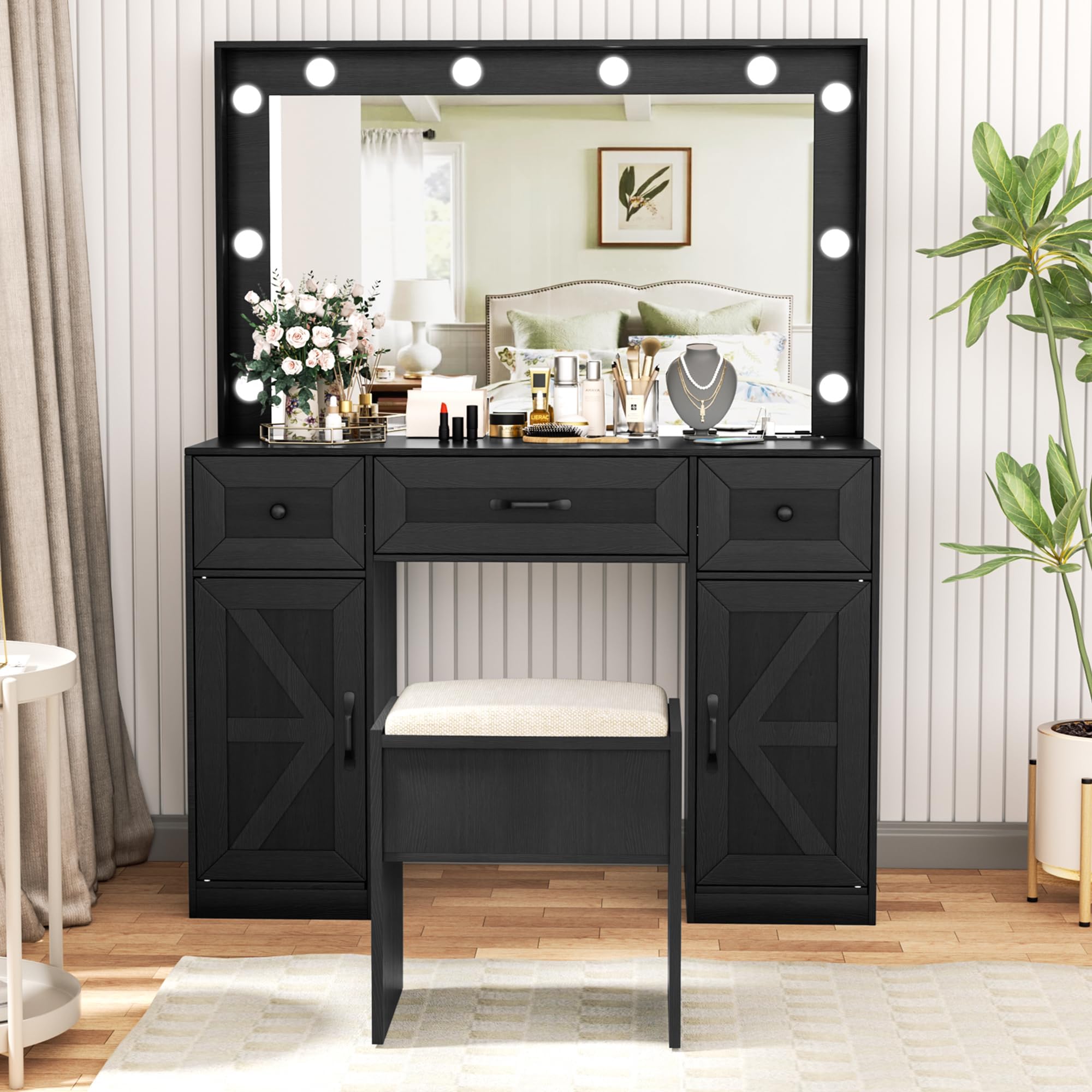 INTERGREAT57" Makeup Vanity Desk with Large Mirror and 10 LED Lights,Dressing Table with Power Outlet & 5 Drawers,3 Lighting Color Adjustable,Vanity Desk for Girls,Black