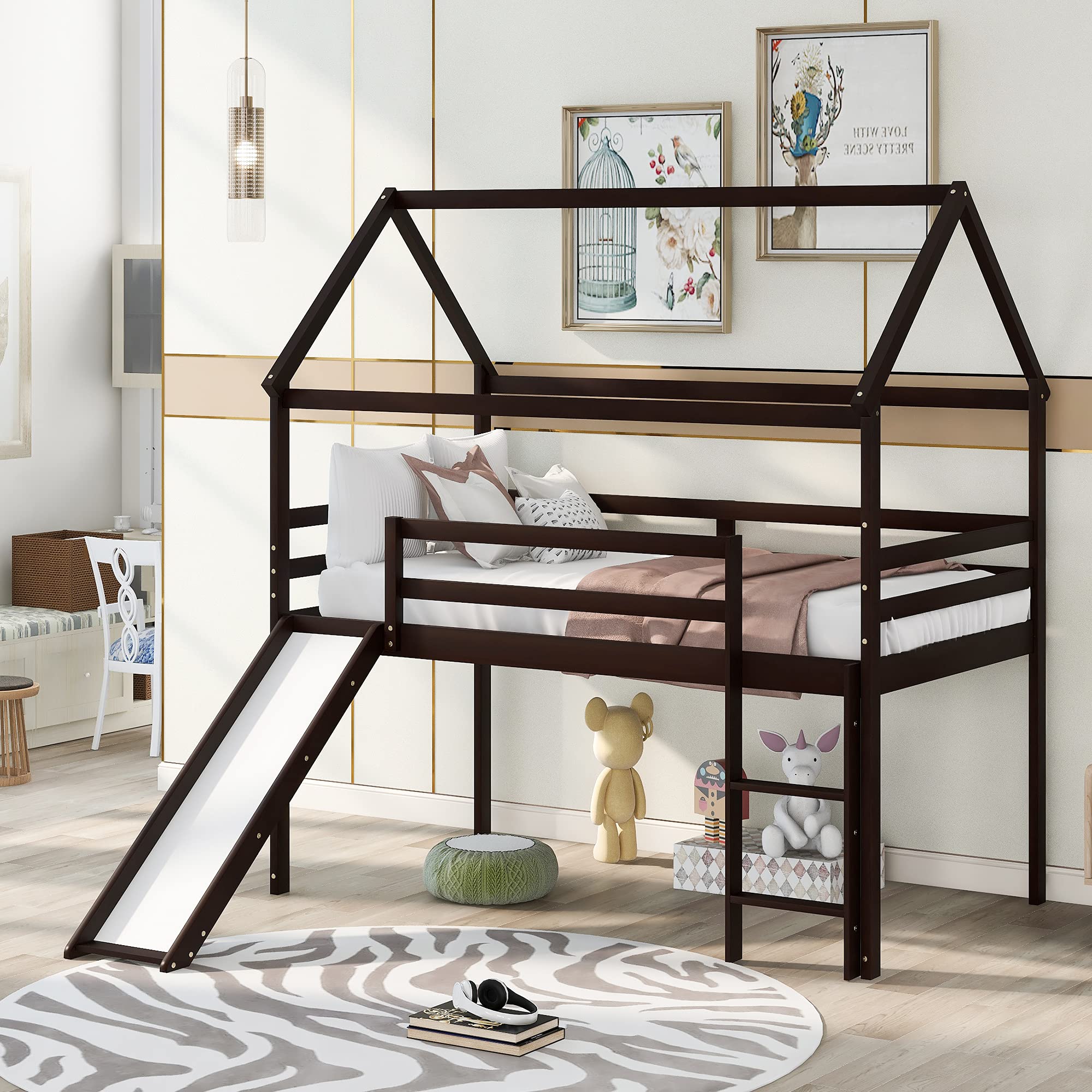 Detailed dimension diagram of the GLORHOME Twin Size Loft Bed with Slide, showing length, width, height, and specific measurements for the slide, ladder, and bed frame components.