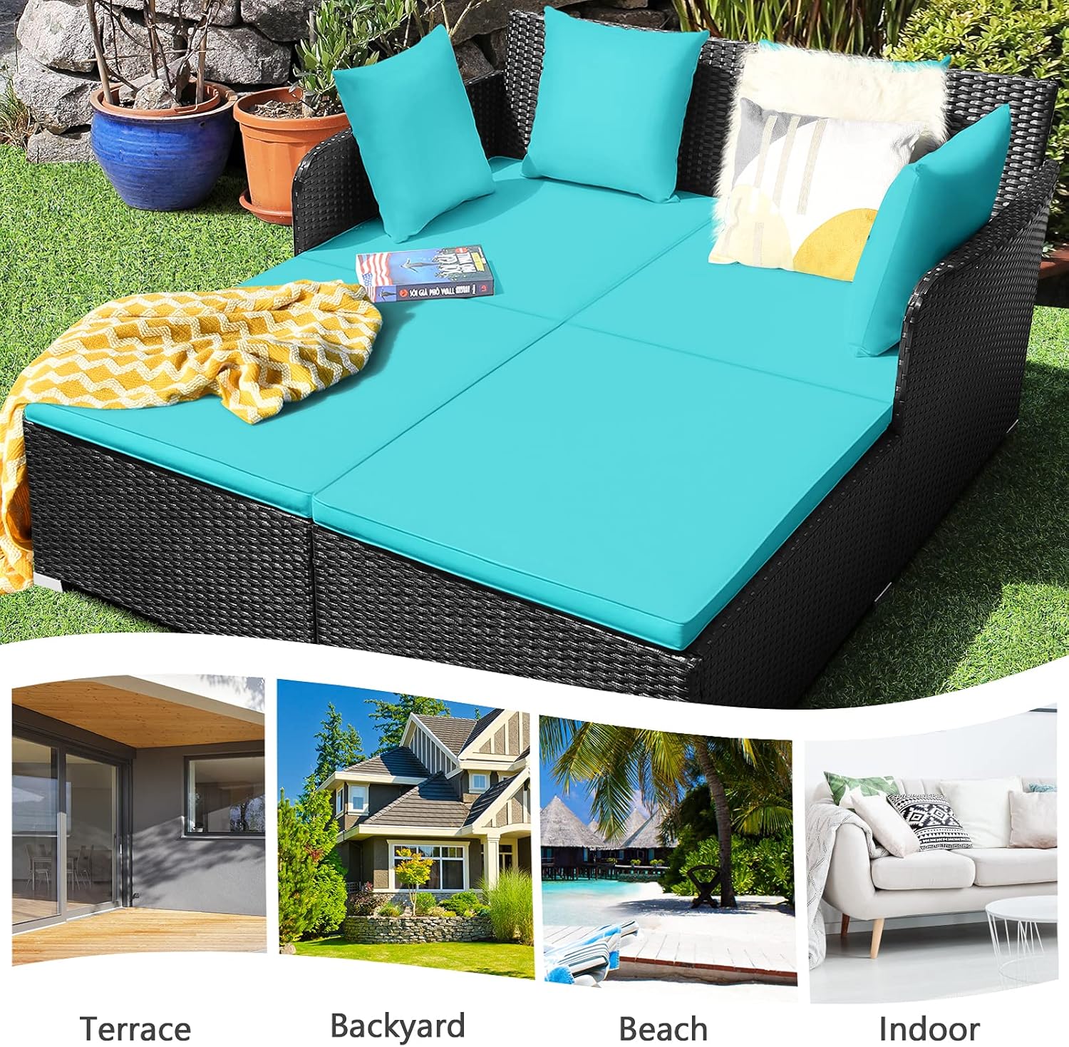 Buy CASART Rattan Daybed, 4 Piece Double Wicker Sun Bed with