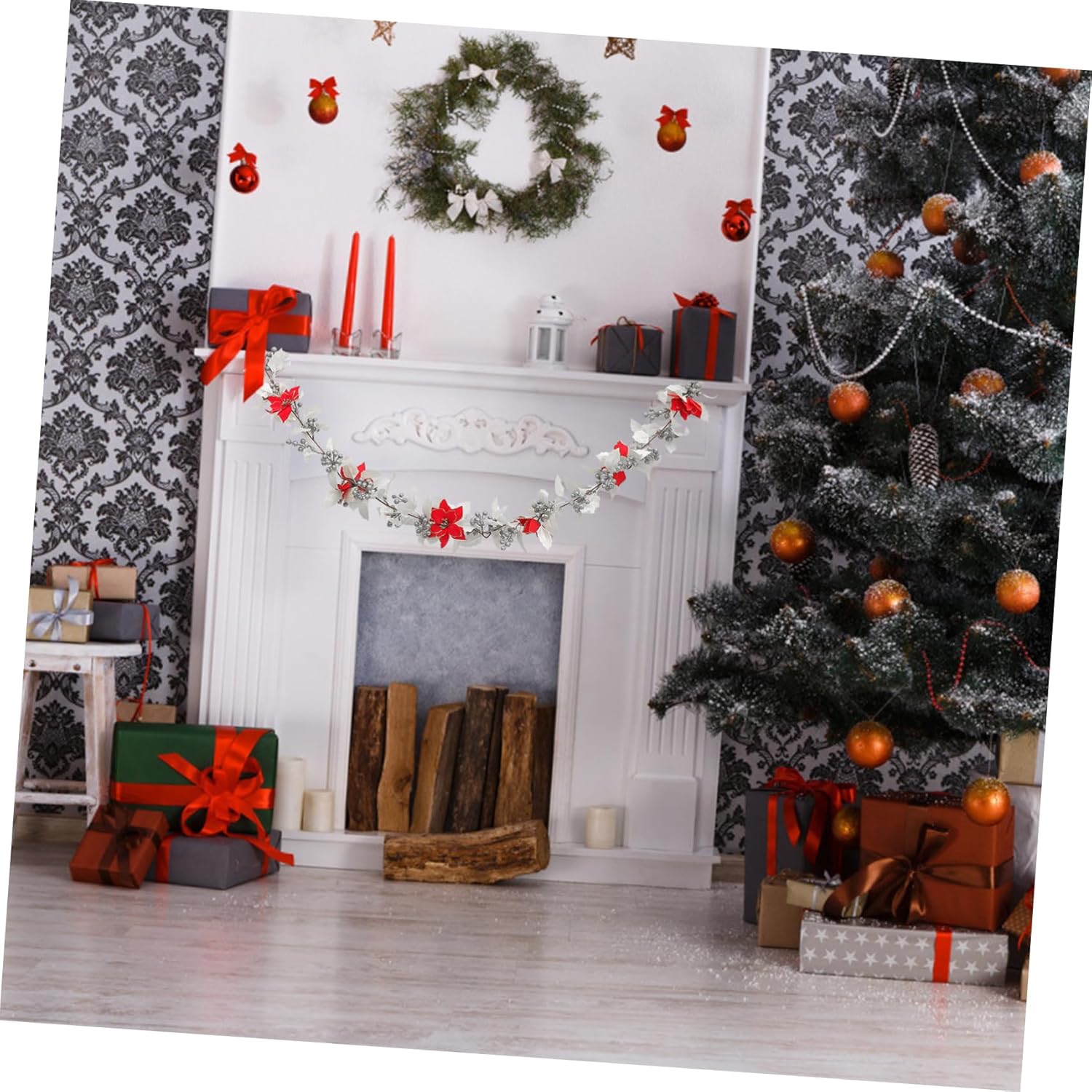 KOMBIUDA Christmas Rattan Vine Garland Glittering Flowers Artificial Decorative Hanging Plants for Indoor and Outdoor Holiday Home Decor