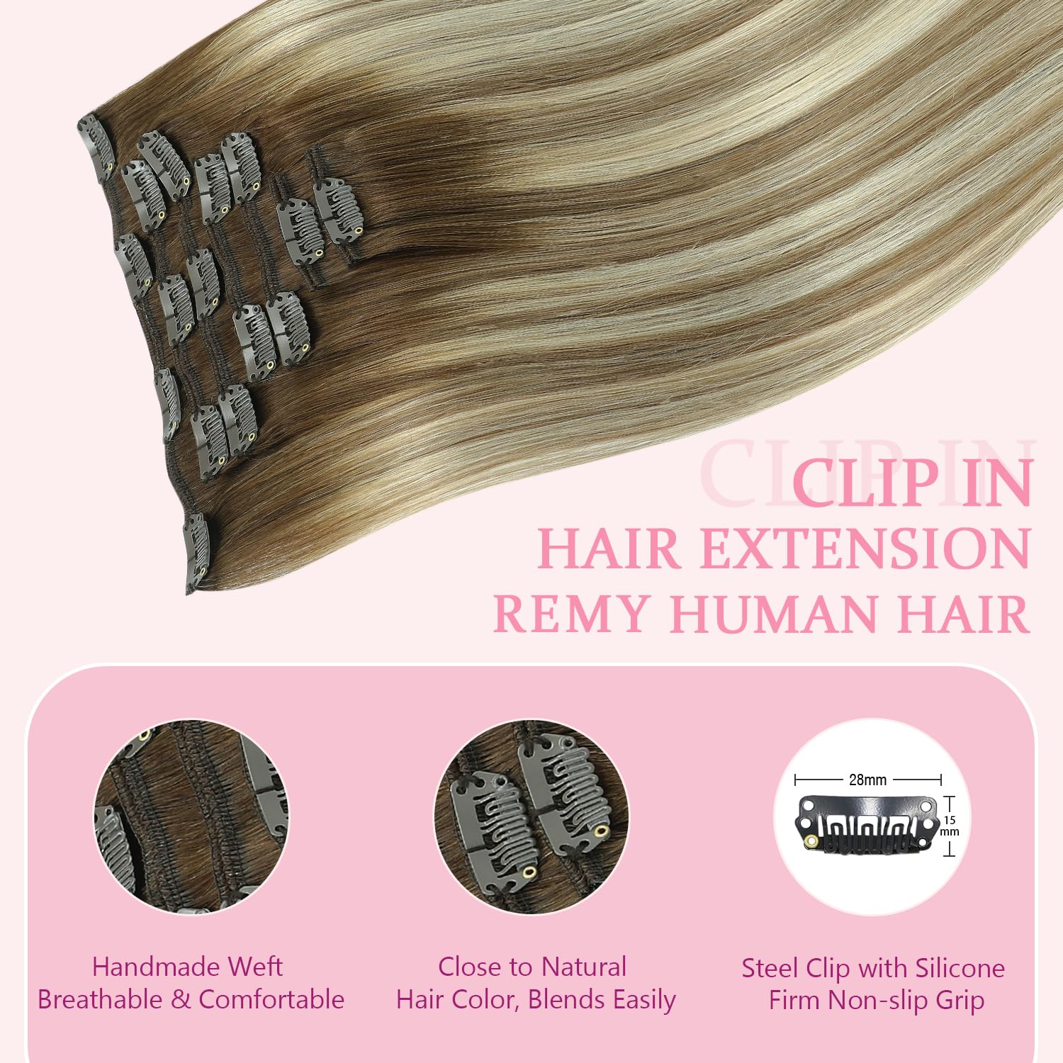 Pinkpearl Clip in Extensions Echthaar 40cm #3/8/22 Balayage Remy Natürlich