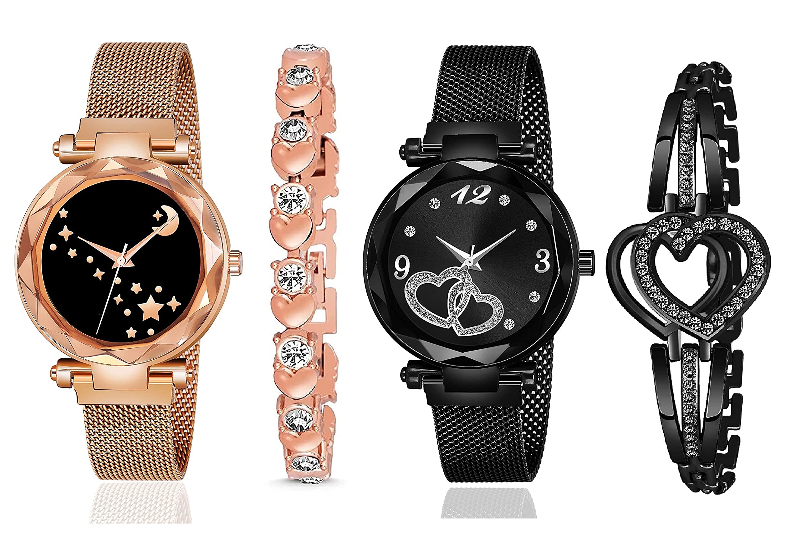 K Vajir Analogue Multicolour Magnet Metal Mesh Strep, Multicolour Heart Or Chand Dial Wrist Watch with Bracelet for Girls and Woman(Combo Pack of 4) (Rose Gold-Black) (B0BG5C6268) Amazon Price History, Amazon Price Tracker