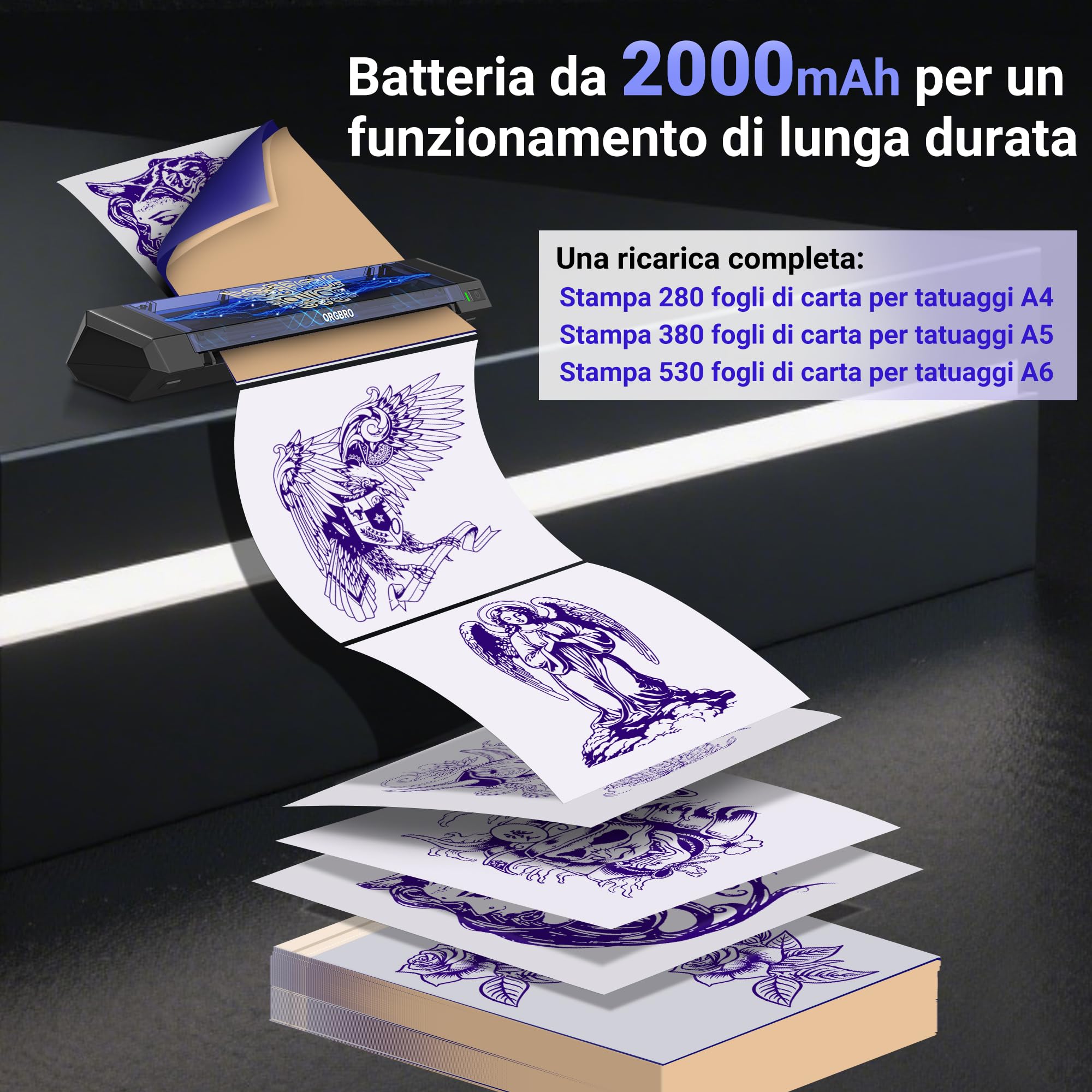 ORGBRO X8 Stampante Stencil Tattoo Bluetooth Stampante per Tatuaggi Termica | con 30 Fogli Di Carta per Tatuaggi Compatibile con Smartphone, Tablet e PC, per Artisti e Principianti