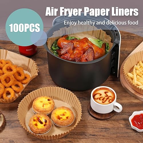 Miniatura 2 de 100 forros de papel para freidora de aire para freidora de aire de 4 a 8 cuartos de galón de grosor, antiadherente, forro de papel desechable, cesta