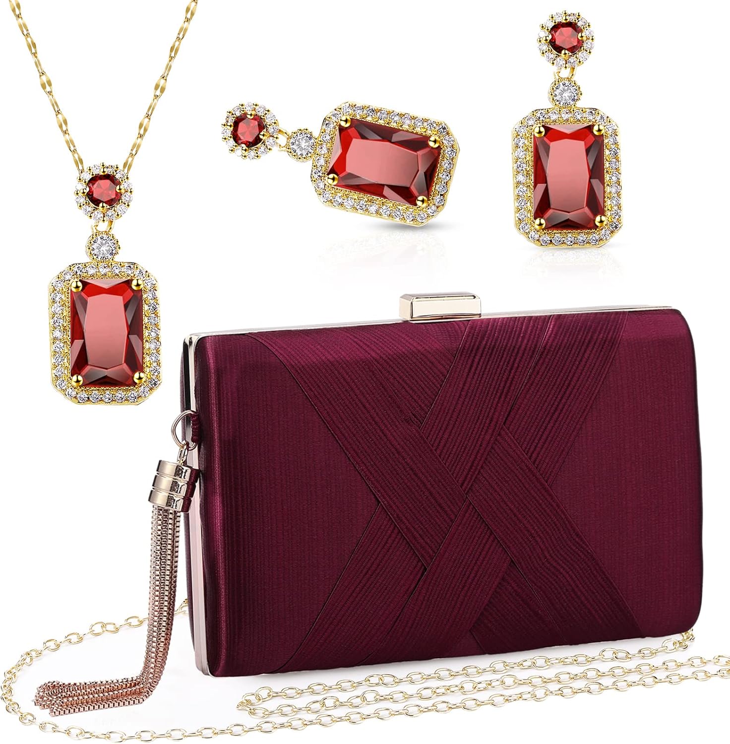 Jadive 3 Pcs Clutch Purses for Women Handbag Evening Purses Bag for Wedding Vintage Banquet Handbag Earrings Necklace Set