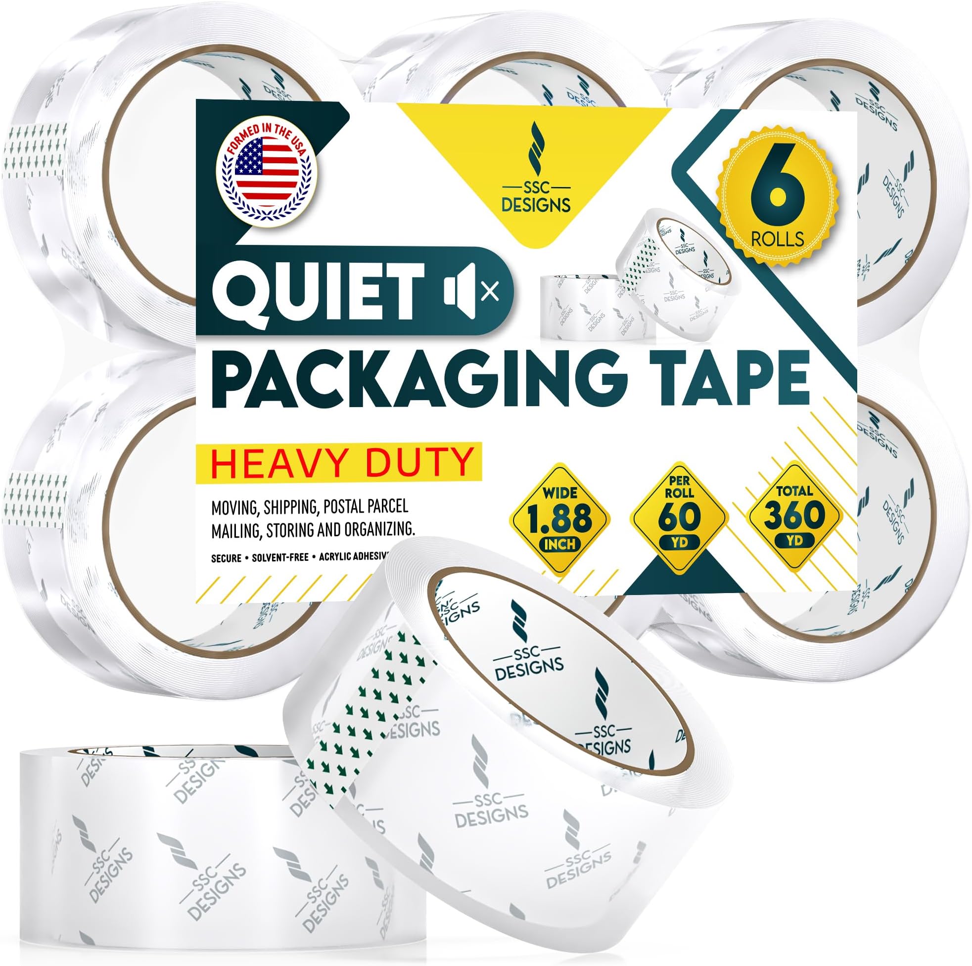 Packing Tape Clear Packaging Refill No Noise Heavy Duty Shipping Adhesive Quiet Dispenser Moving Supplies Boxes Mailing Strong Sealing Boxing Office Silent 60 Yds x 1.88" Wide x 2.7 Mil Thick 6 Rolls