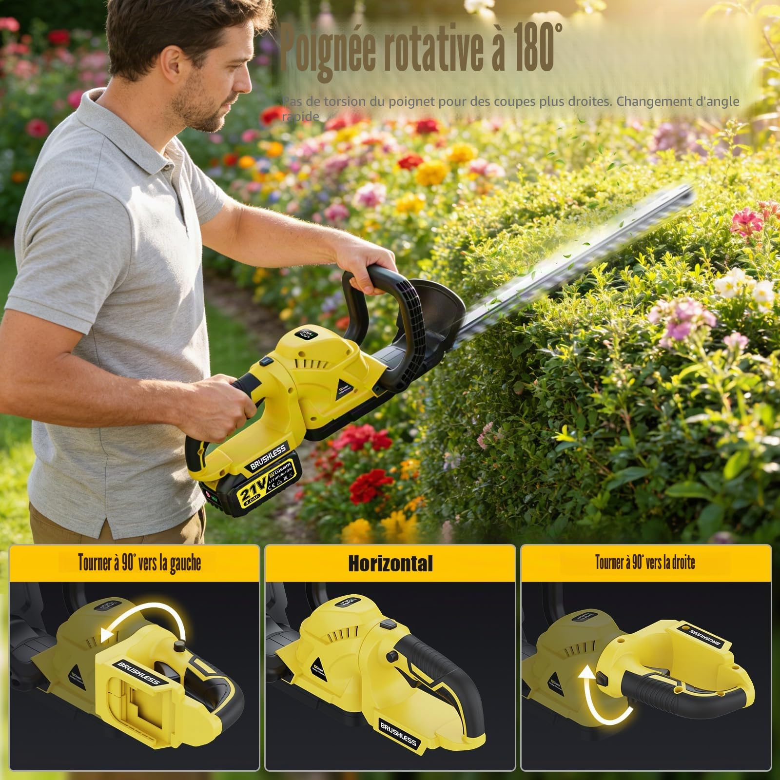 Taille-Haie Sans Fil 22 Pouces, Moteur Sans Balais 3000 W, 2 Batteries 4,0 Ah, Lame SK5 Double Action, Diamètre de Coupe 16 mm, Poignée Pivotante 180°