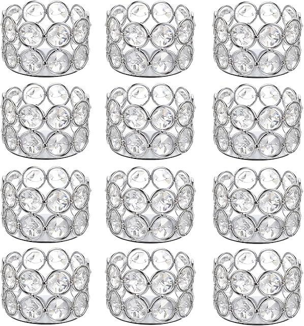 BSTKEY Set of 12 Crystal Tea Light Candle Holders, Decorative Votive Candle Holders Candle Centerpieces for Table Wedding Party Home Decor, Silver