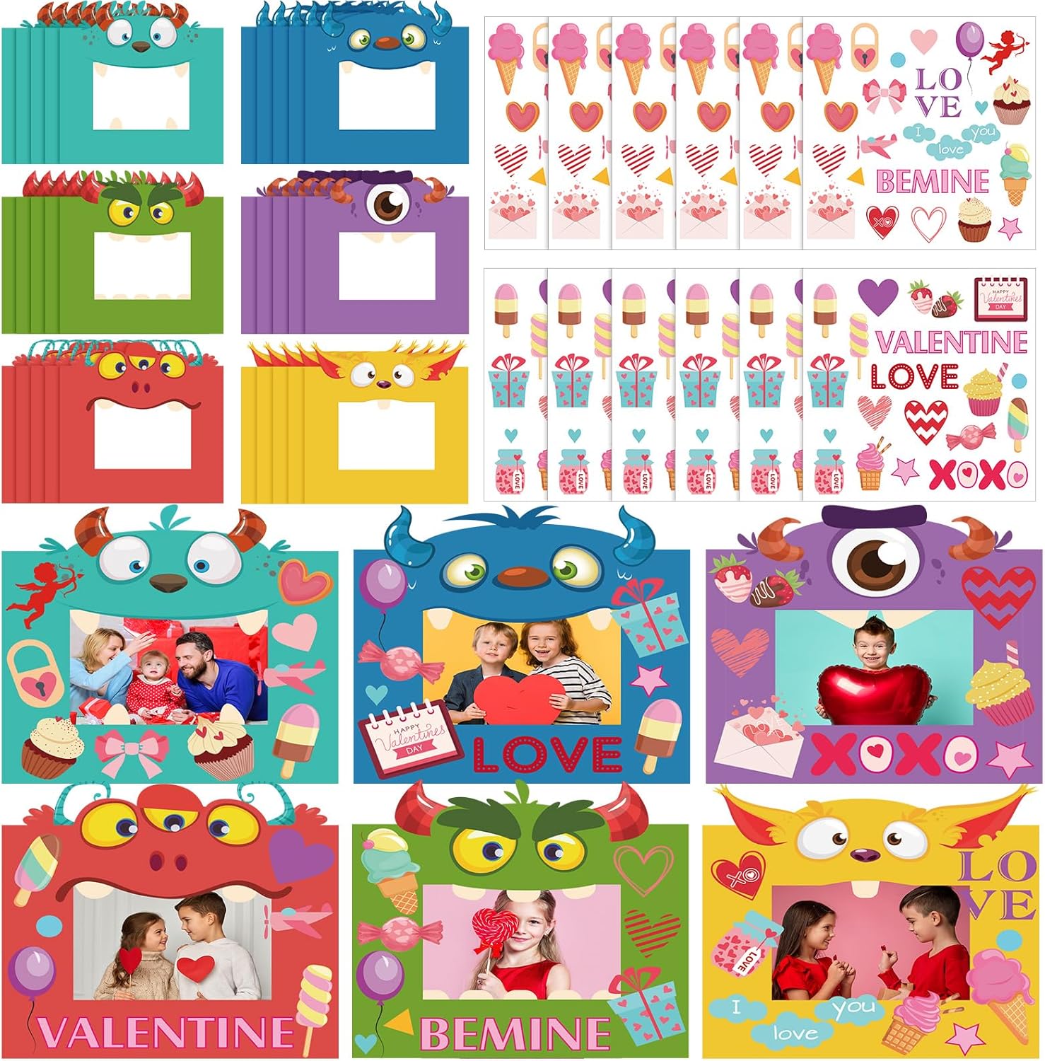 Ferraycle 30 Packs Valentines Day Gifts 30 Pictures Frame Craft and 12 Sticker DIY Monster Photo Frame Craft Kit for Valentines Party Exchange Gifts