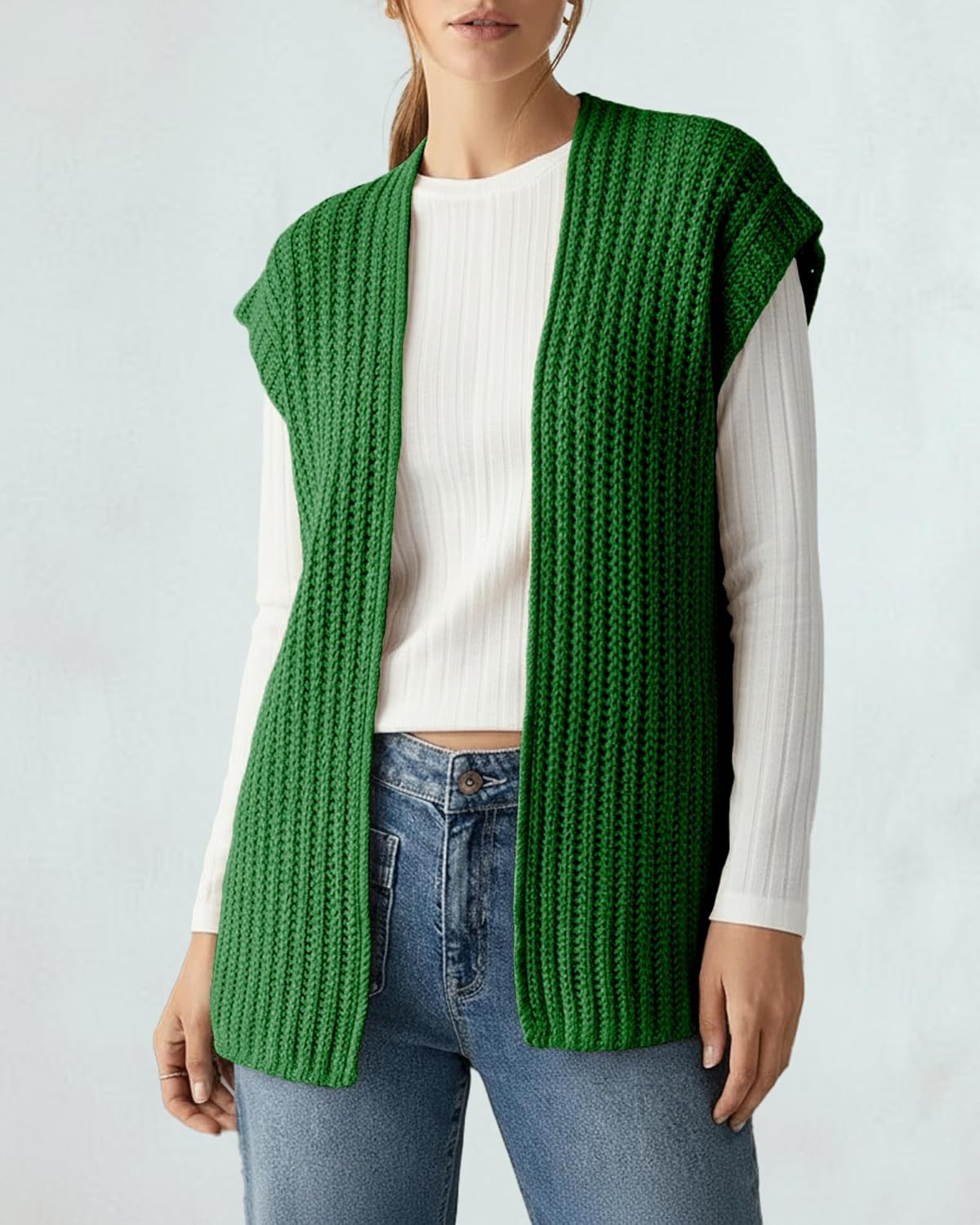 Womens Fall Sleeveless Chunky Knit Long Sweater Vest Crochet Trendy Open Front Cardigan Sweater Tops - Image 6