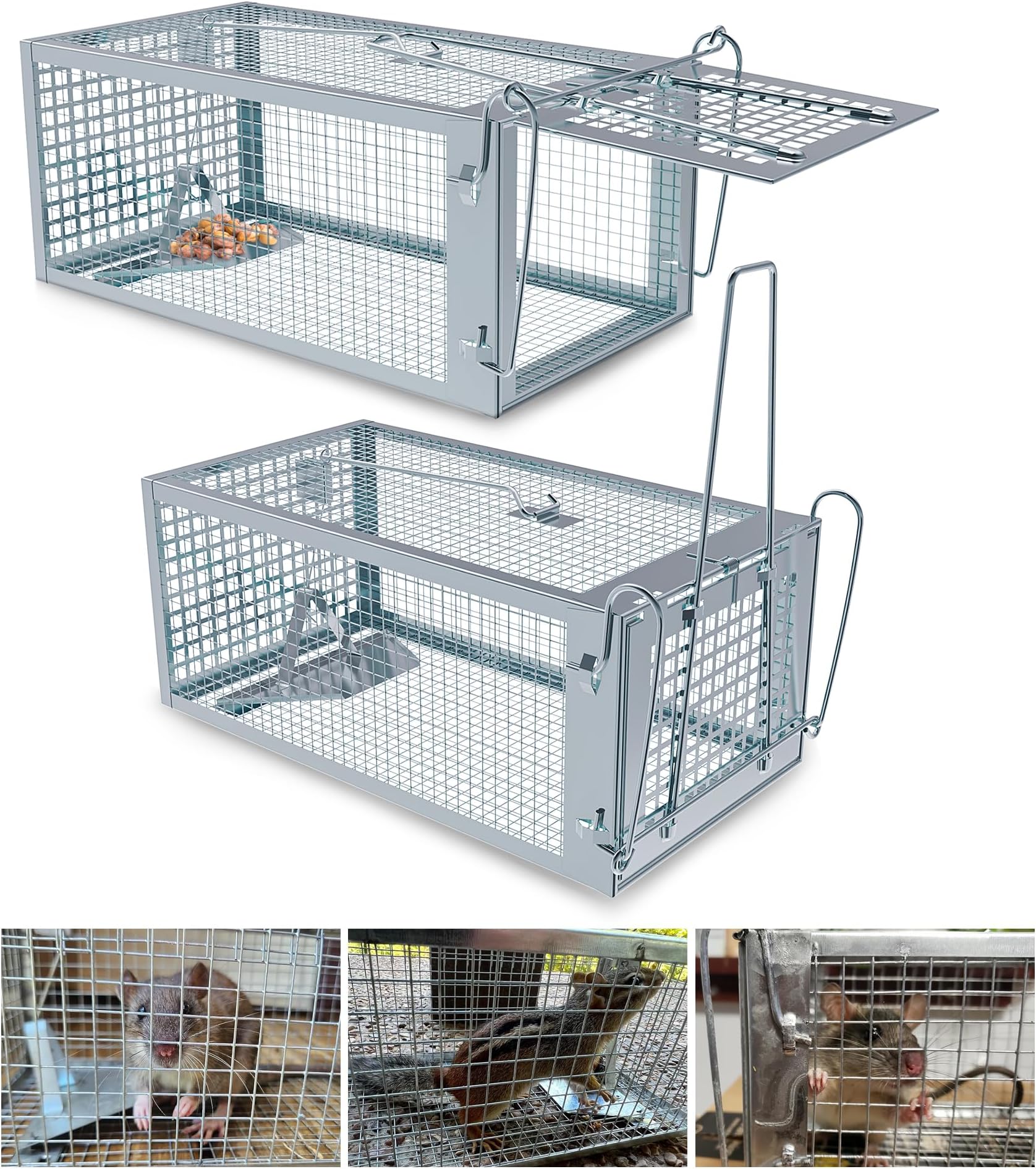 2 Packs Humane Rat Trap Outdoor, Wanqueen Humane Mouse Traps Indoor for Home, Small Rodent Chipmunk Trap and Other Live Animal Cage Catch and Release