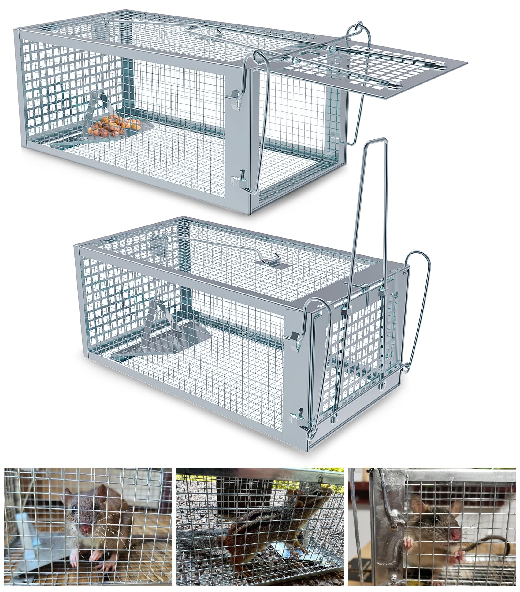 2 Packs Humane Rat Trap Outdoor, Wanqueen Humane Mouse Traps Indoor, Small Rodent Chipmunk Trap and Other Live Animal Cage Catch and Release