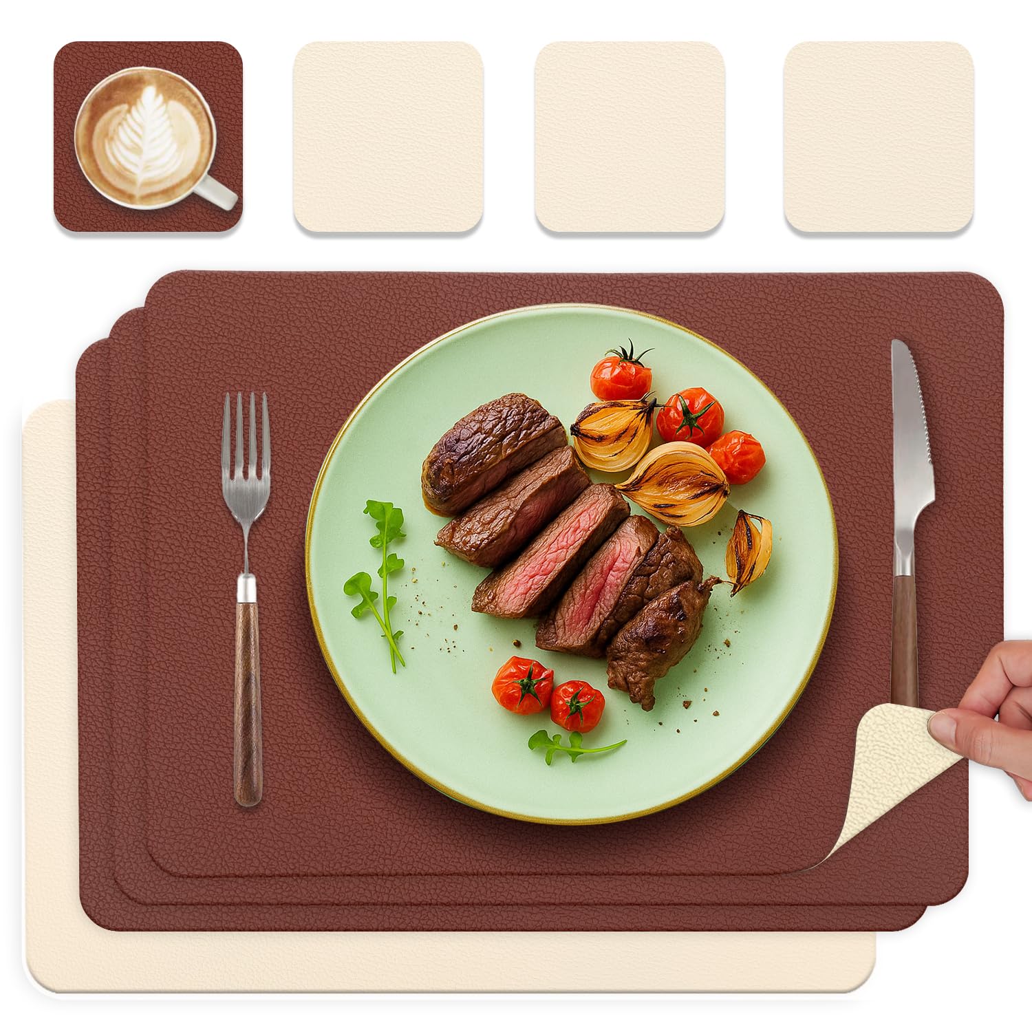 Tischsets Abwaschbar und Untersetzer, Platzset Leder Platzdeckchen Abwaschbar Doppelseitigen Tischsets Umkehrbares Tischset rutschfest Lederoptik