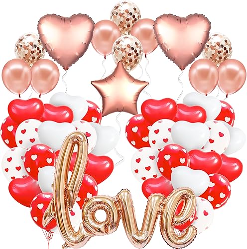 KatchOn, Globos de San Valentín rojos y blancos, enormes, paquete de 61  Juego de letras de globos de amor de oro rosa  Globos de amor rosa rubor