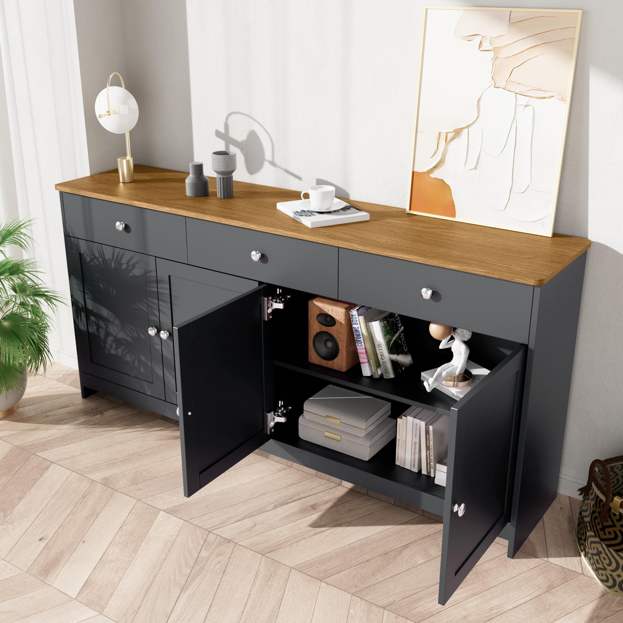 Buffet Bas Noir et Bois 160 cm Meuble Cuisine Rangement 3 tiroirs 4 Portes étagères réglables 50 kg Armoire Rangement vaisselier Portes Buffet Salle a Manger pour Salon