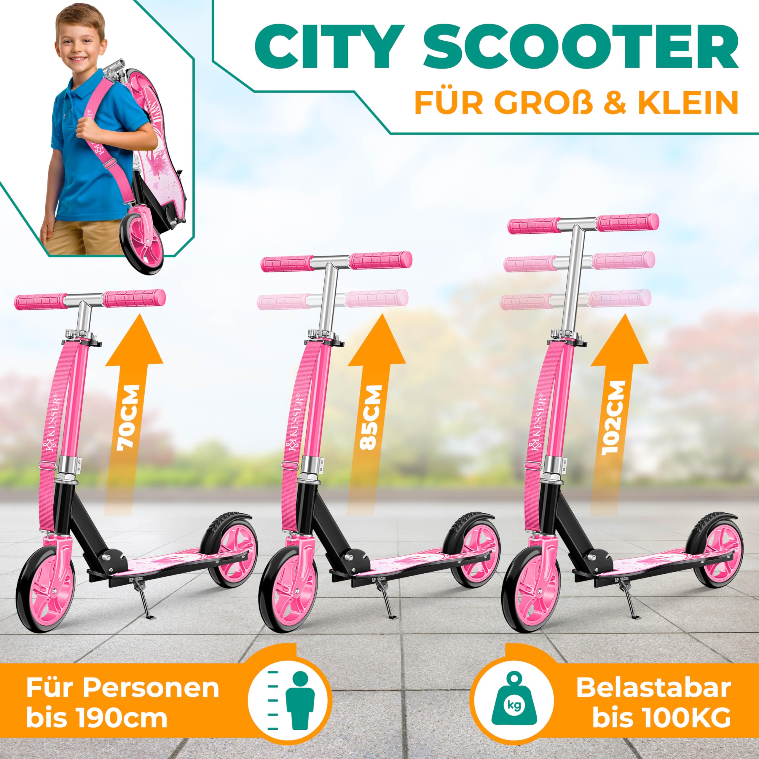 Monopattino Per Bambini KESSER Pieghevole, 3 Ruote, Design Colorato, Leggero, Per Passeggiate In Città, Asilo, Scuola