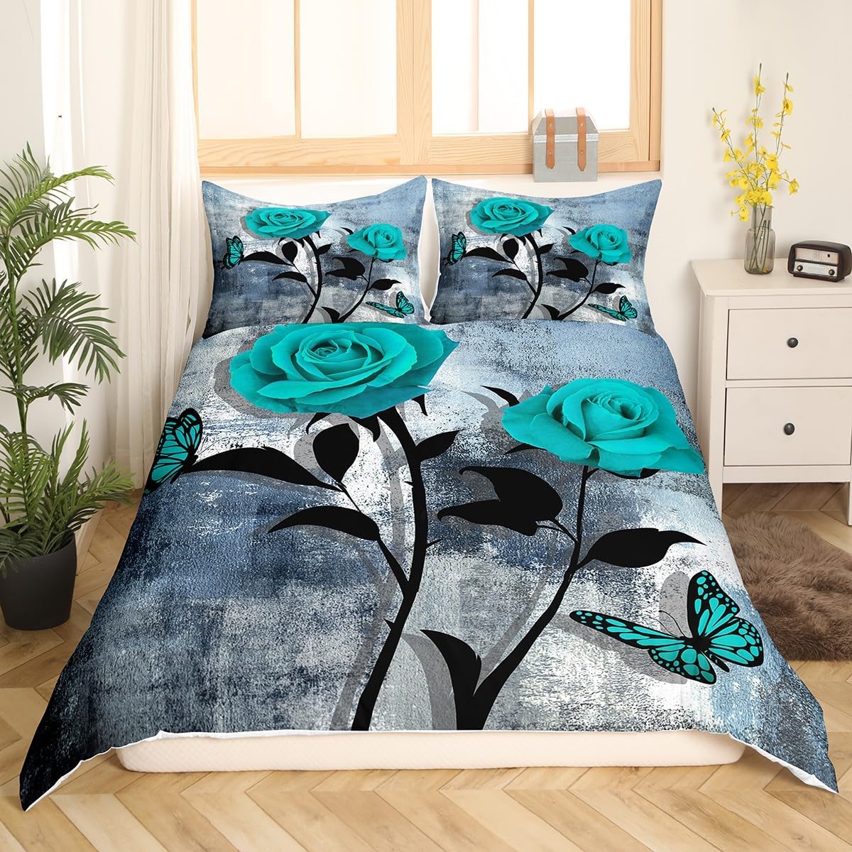Blue Rose Bedding Set for Girls Women,Blue and Grey Ombre Duvet Cover,Rustic Grunge Butterflies Floral Comforter Cover Bedroom Decor,Graffiti Oil Painting Quilt Cover with 2 Pillowcases,King