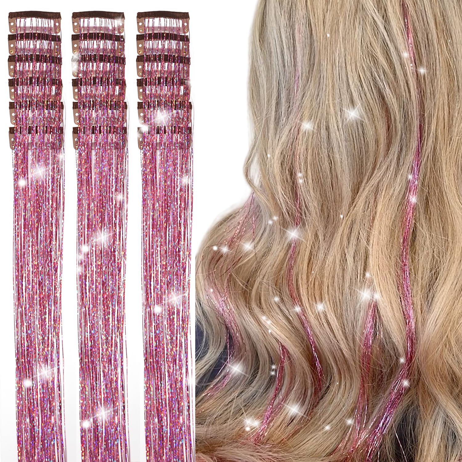 Hair Tinsel Clip in Pack of 18 Pcs 20 Inch Clip in Hair Tinsel Pink Glitter Tinsel Hair Extensions Fairy Hair Clips Party Dazzle Hair Accessories for Girls Kids Women (Pink-18 Pcs)