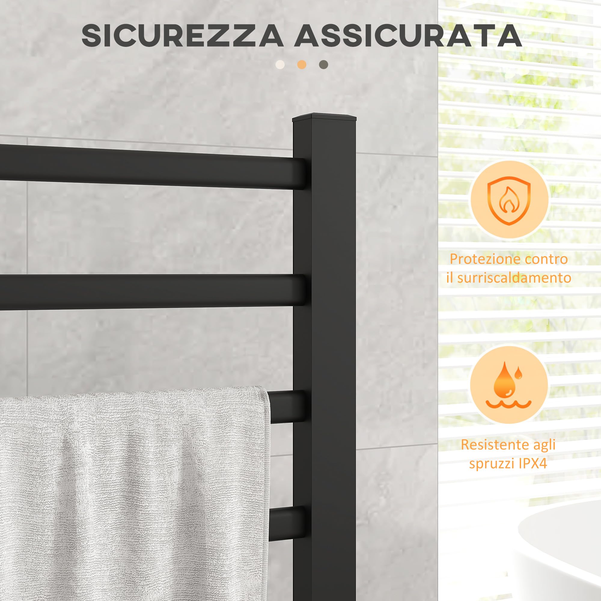 HOMCOM Calorifero Scaldasalviette da Terra o Parete 150W 53x35x90cm Nero | Porta Asciugamani Riscaldato Elettrico per Bagno, Lega di Alluminio, 8 Barre, Timer da 2 o 4 Ore, Resistente all'Acqua
